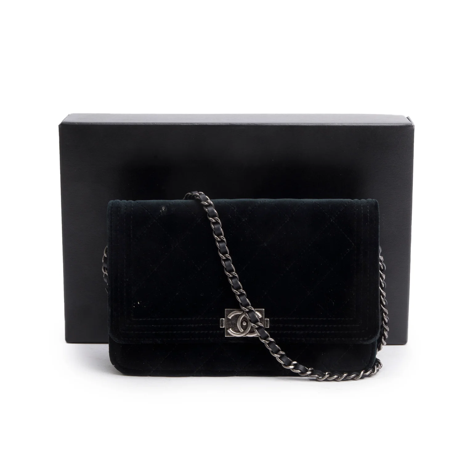 Chanel Black Quilted Velvet Boy Wallet on Chain w/ Box & Authenticity Card - Image 3
