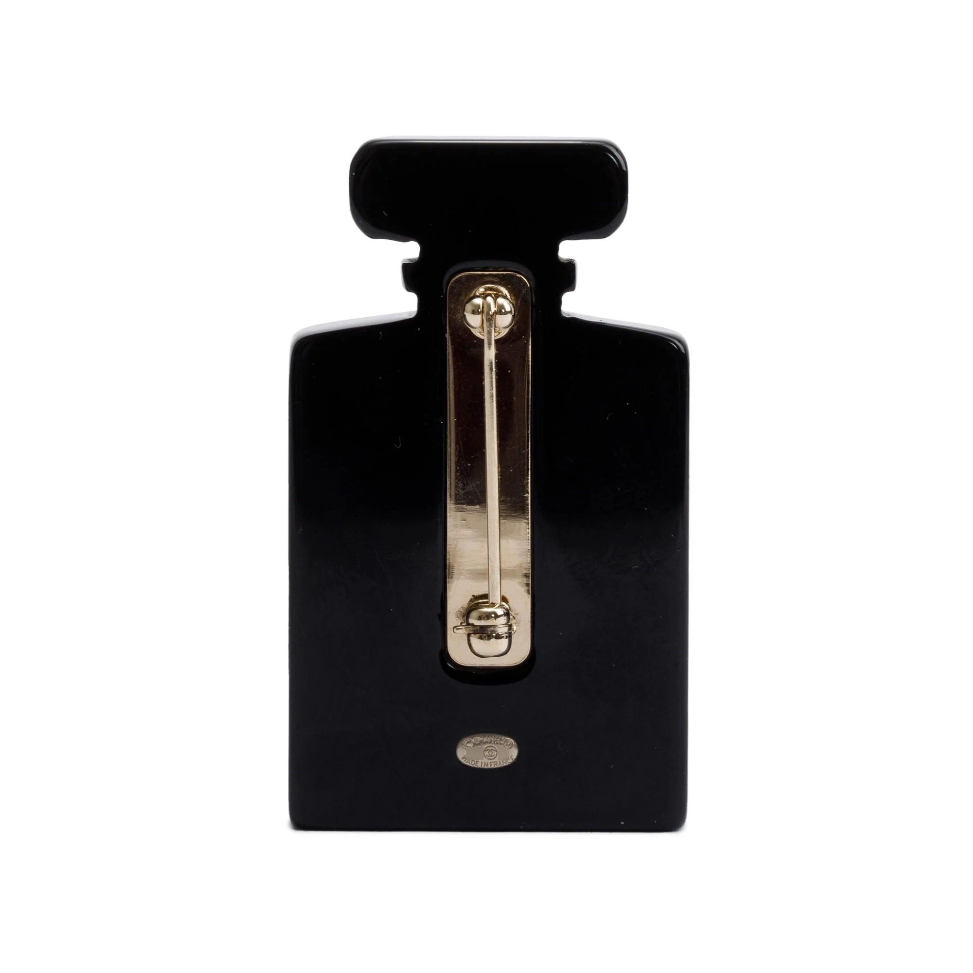 Chanel Black Resin Faux Pearl CC Perfume Bottle Pin Brooch - Image 2