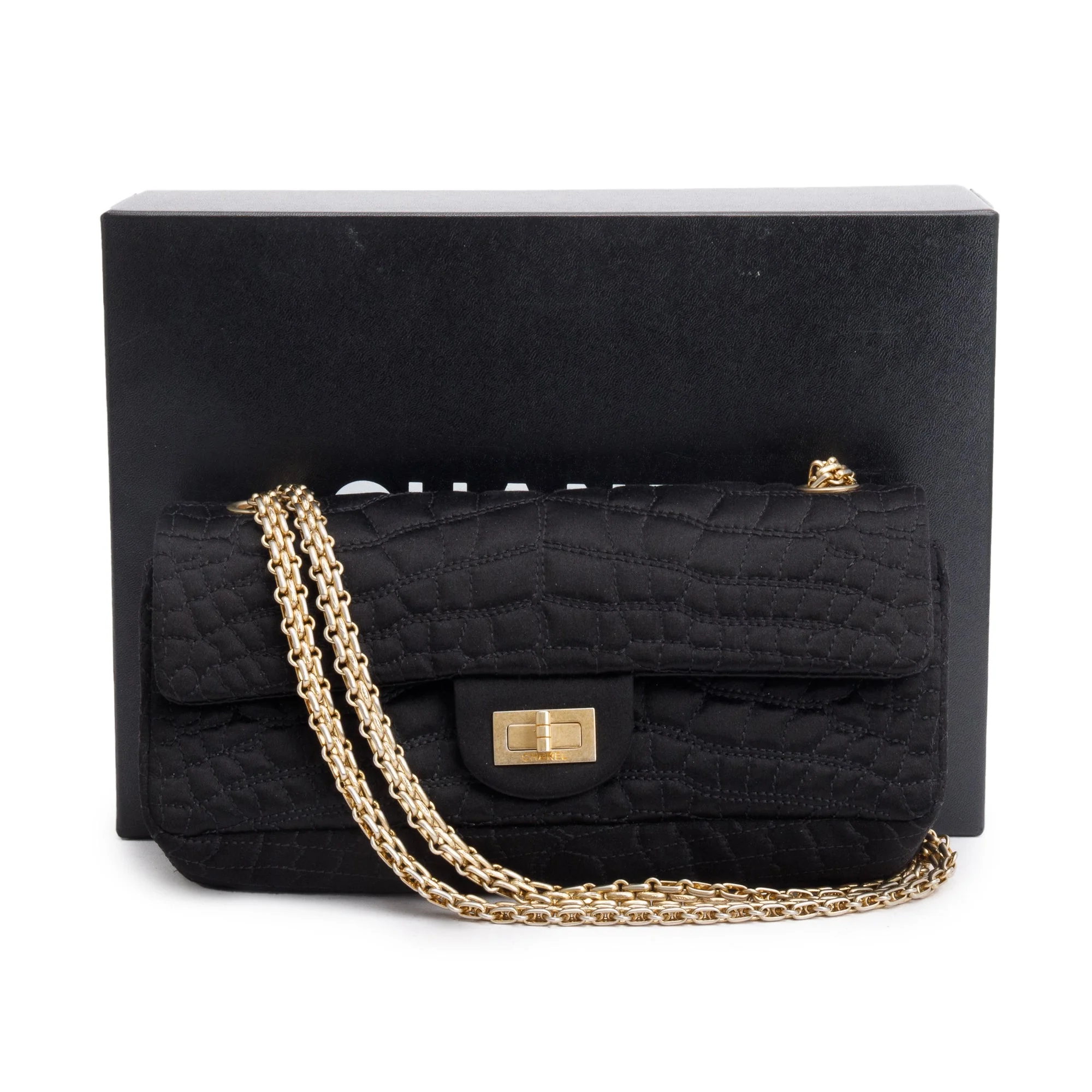 Chanel Black Satin Coco's Croc 2.55 Reissue East/West Double Flap Bag w/ Box - Image 3