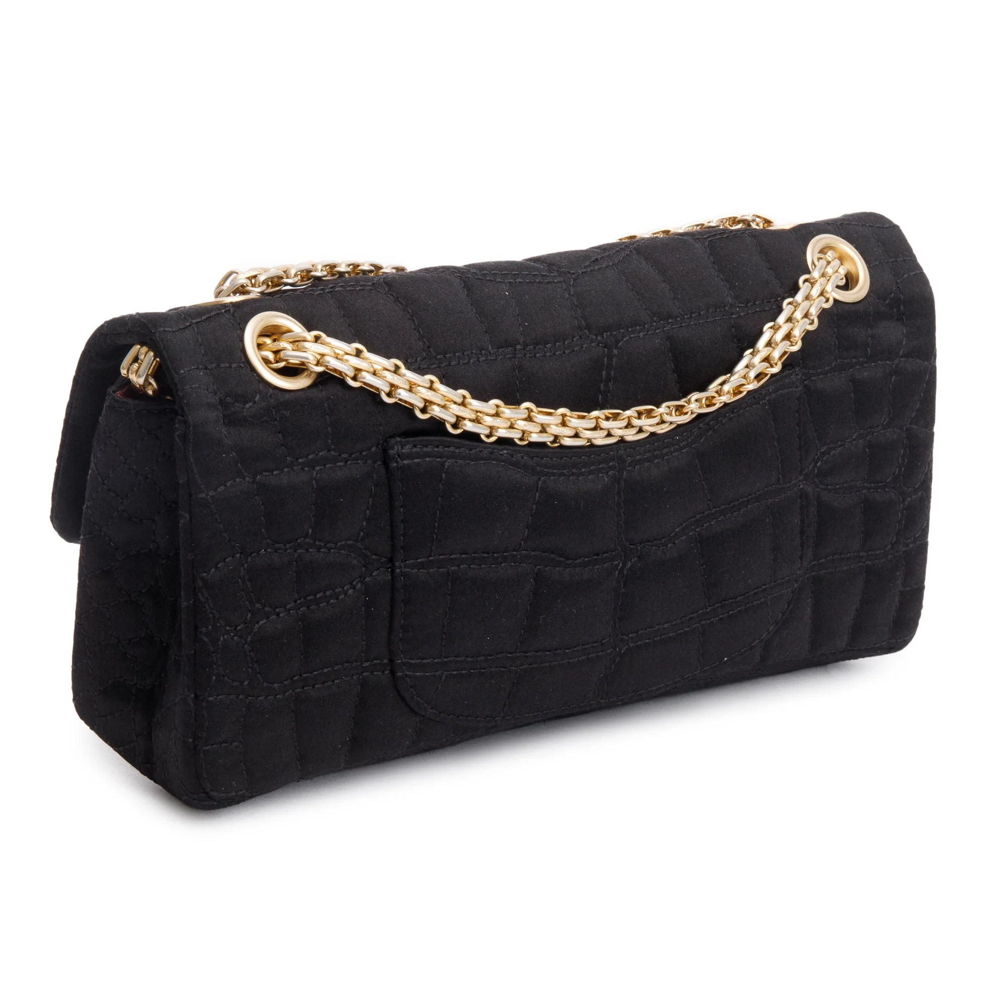 Chanel Black Satin Coco's Croc 2.55 Reissue East/West Double Flap Bag w/ Box - Image 7