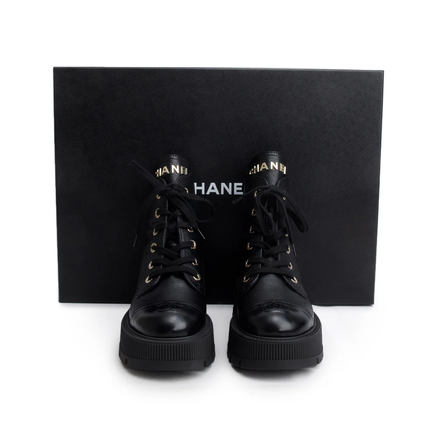 Chanel Black Shiny Grained Calfskin CC Lace Up Combat Boots, Women's Size 37.5 w/ Box - Image 2