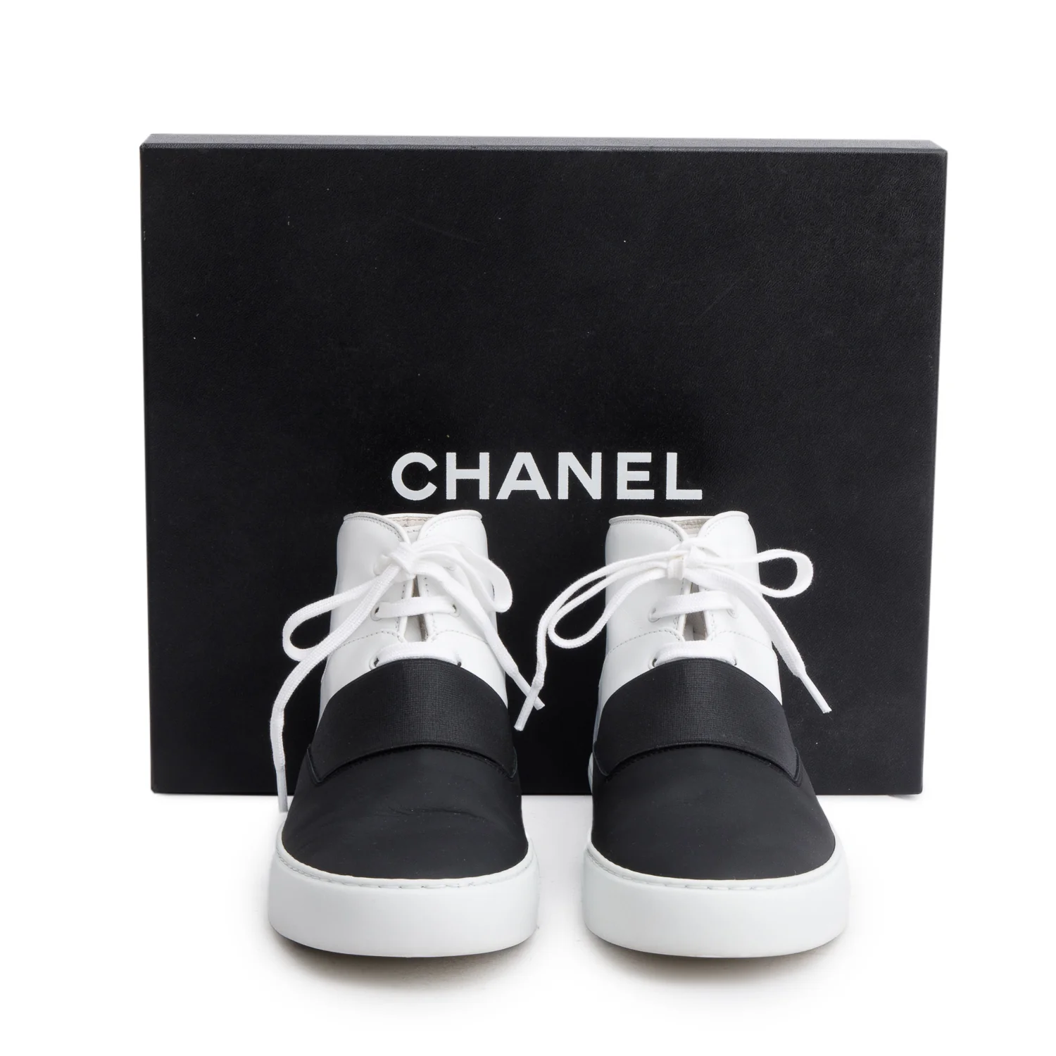 Chanel Black/White Lambskin Leather Interlocking CC Logo High Top Sneakers, Size 37 w/ Box & Receipt - Image 2