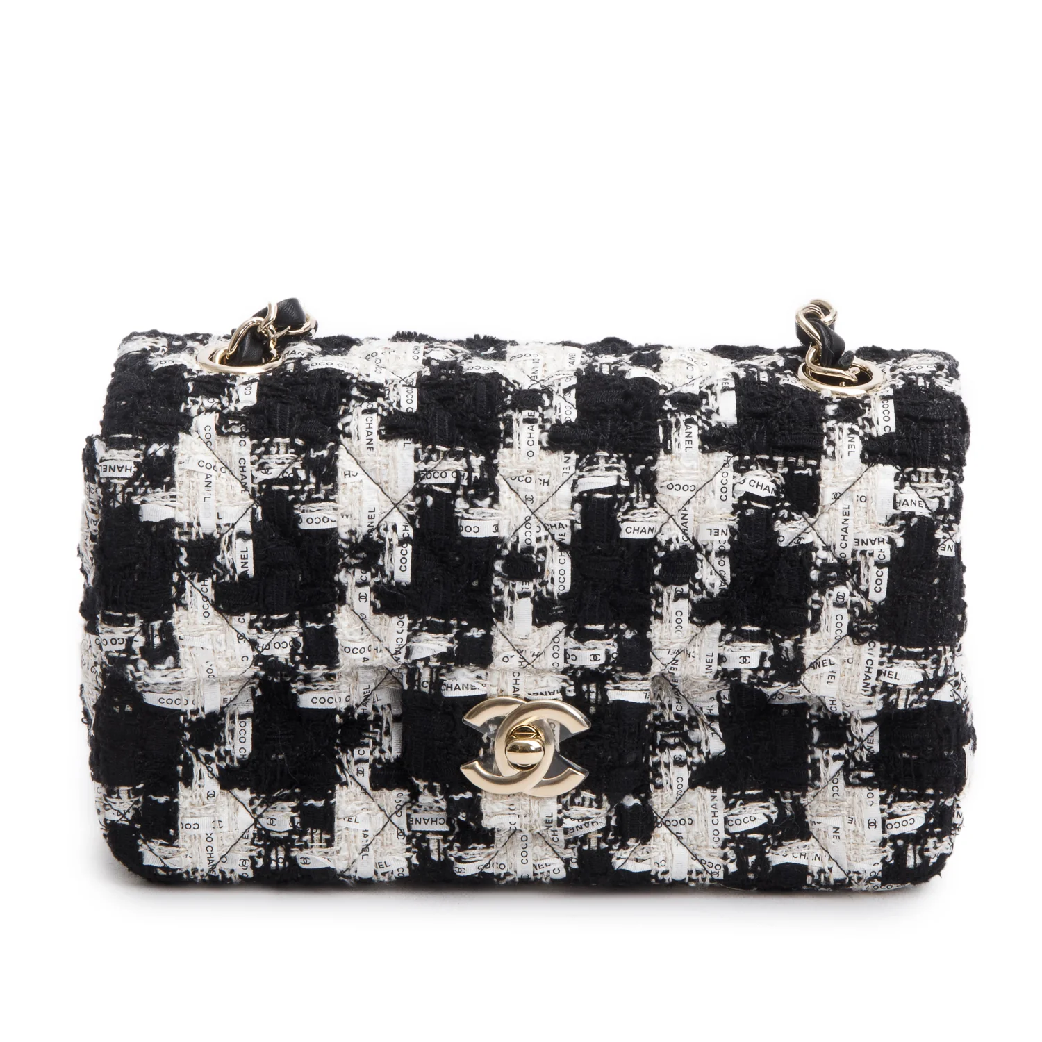 Chanel Black/White Tweed Houndstooth Quilted Mini Rectangular Flap w/ Box & Authenticity Card - Image 4