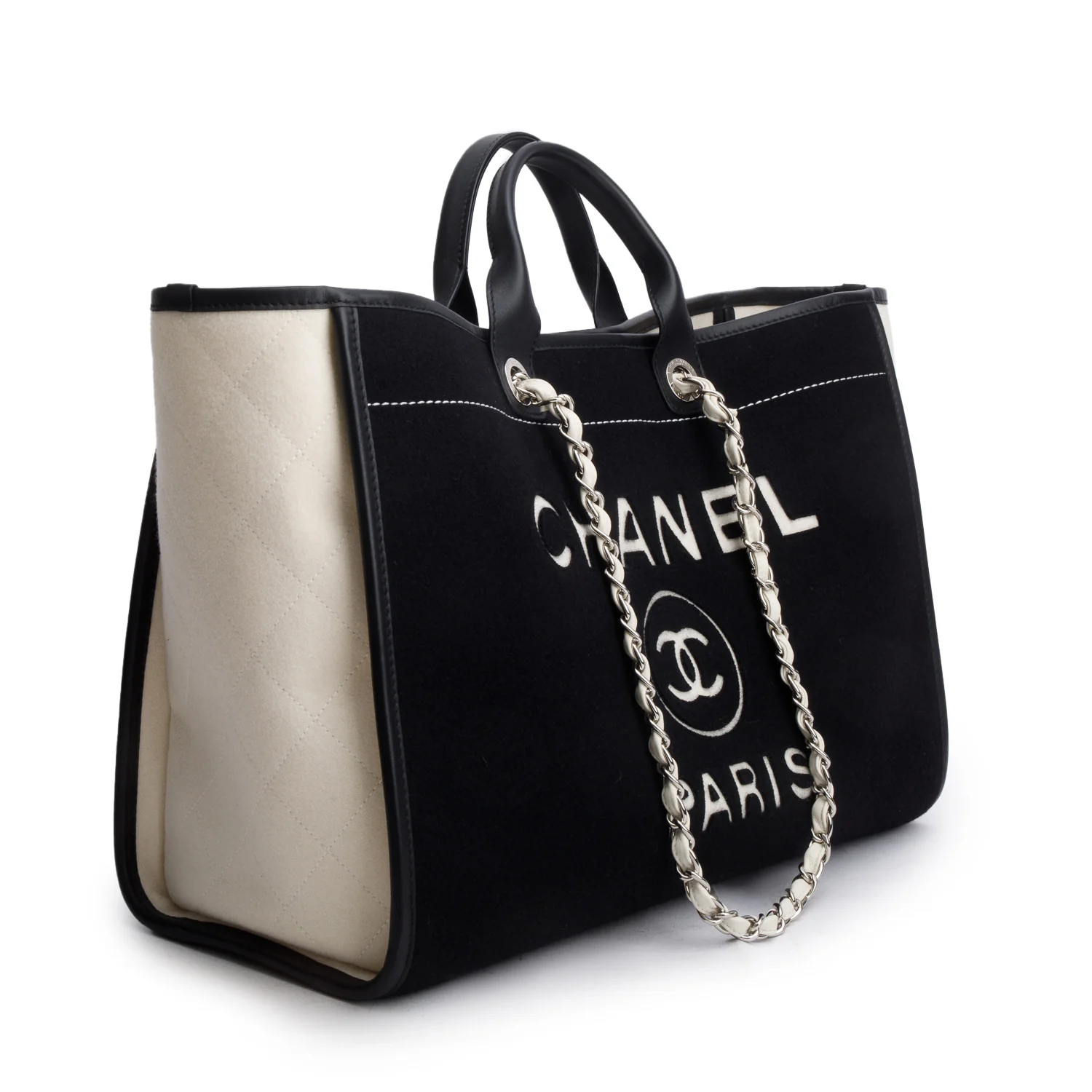 Chanel Black/White Wool Felt Large Deauville Tote w/ Receipt - Image 4