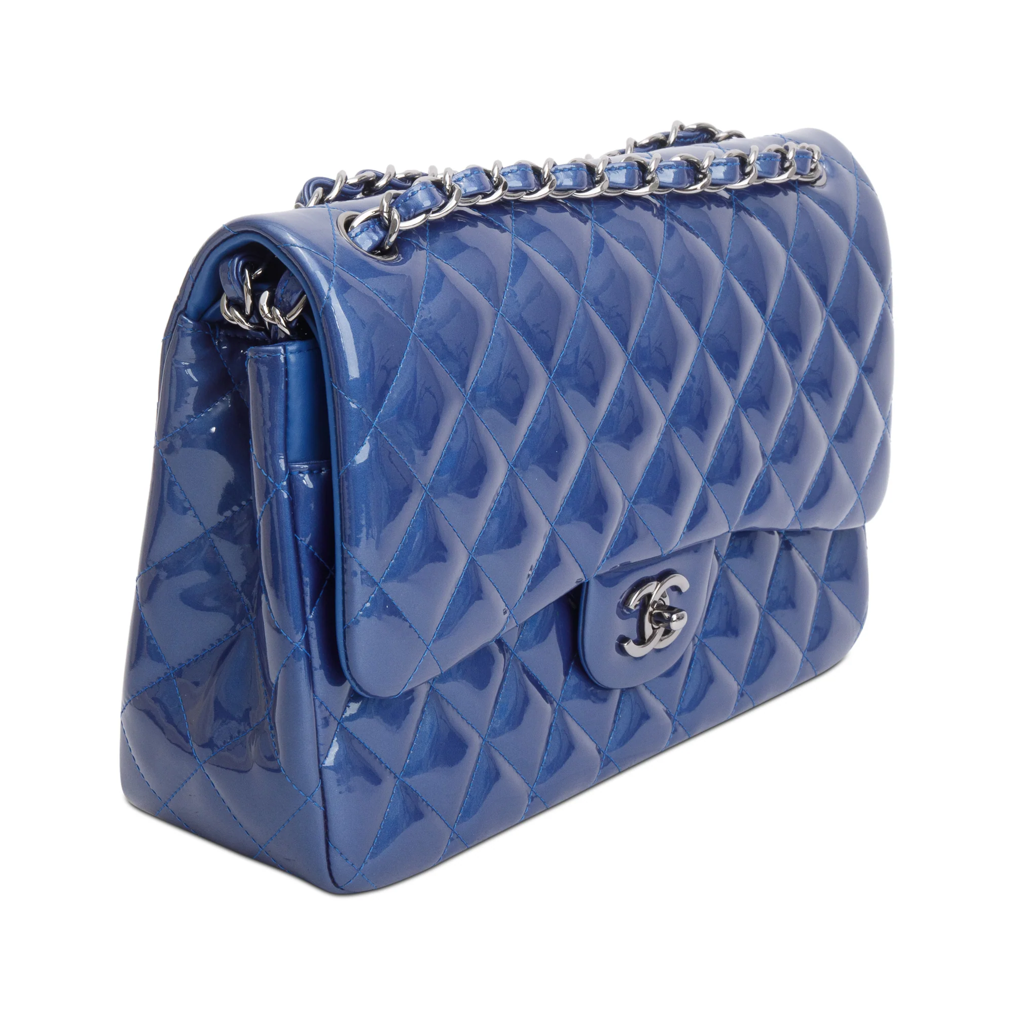 Chanel Blue Quilted Patent Leather Classic Jumbo Double Flap Bag w/ Authenticity Card - Image 4