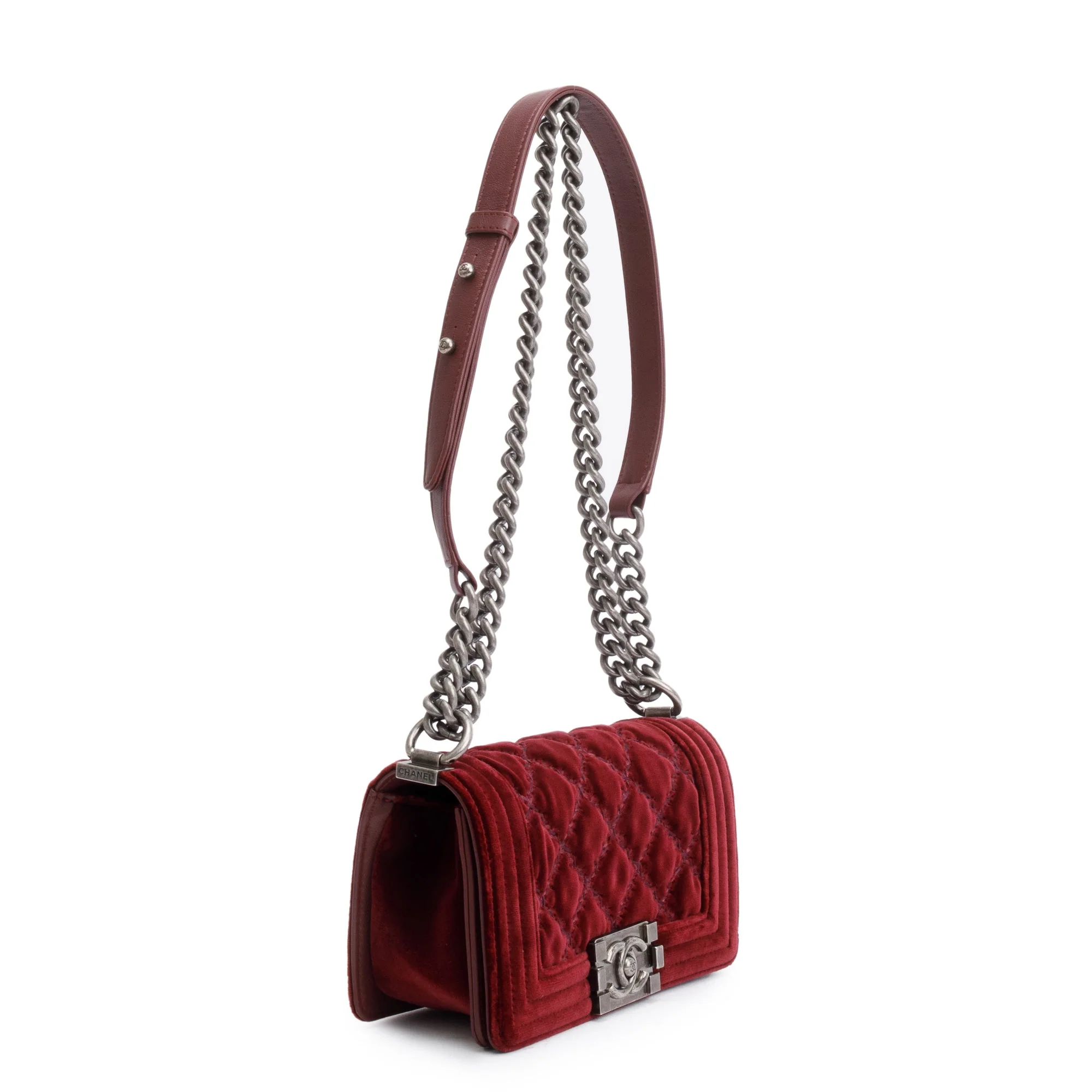 Chanel Burgundy Quilted Velvet Small Boy Bag w/ Box & Authenticity Card - Image 5