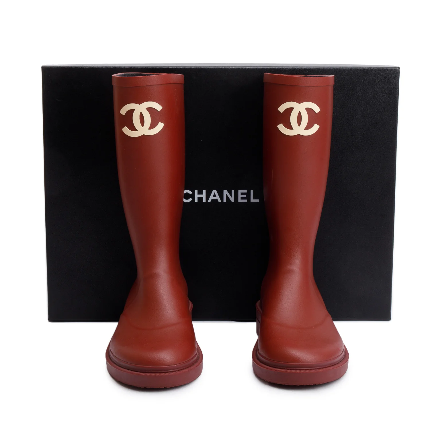 Chanel Dark Red Rubber CC High Rain Boots, Size 37 w/ Box - Image 2