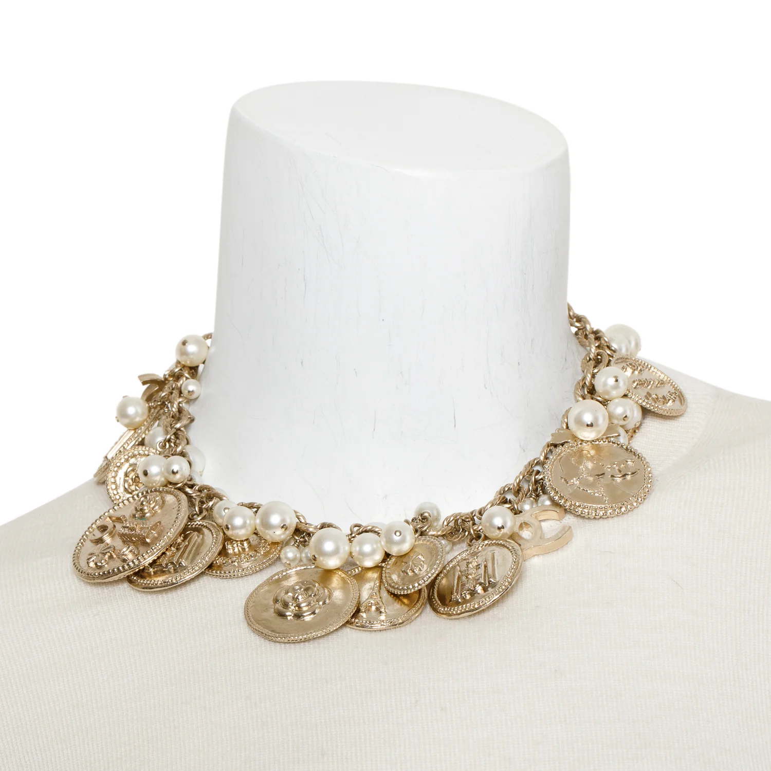 Chanel Gold-Plated 100th Anniversary Medallion Coin & Faux Pearl Necklace w/ Box - Image 2