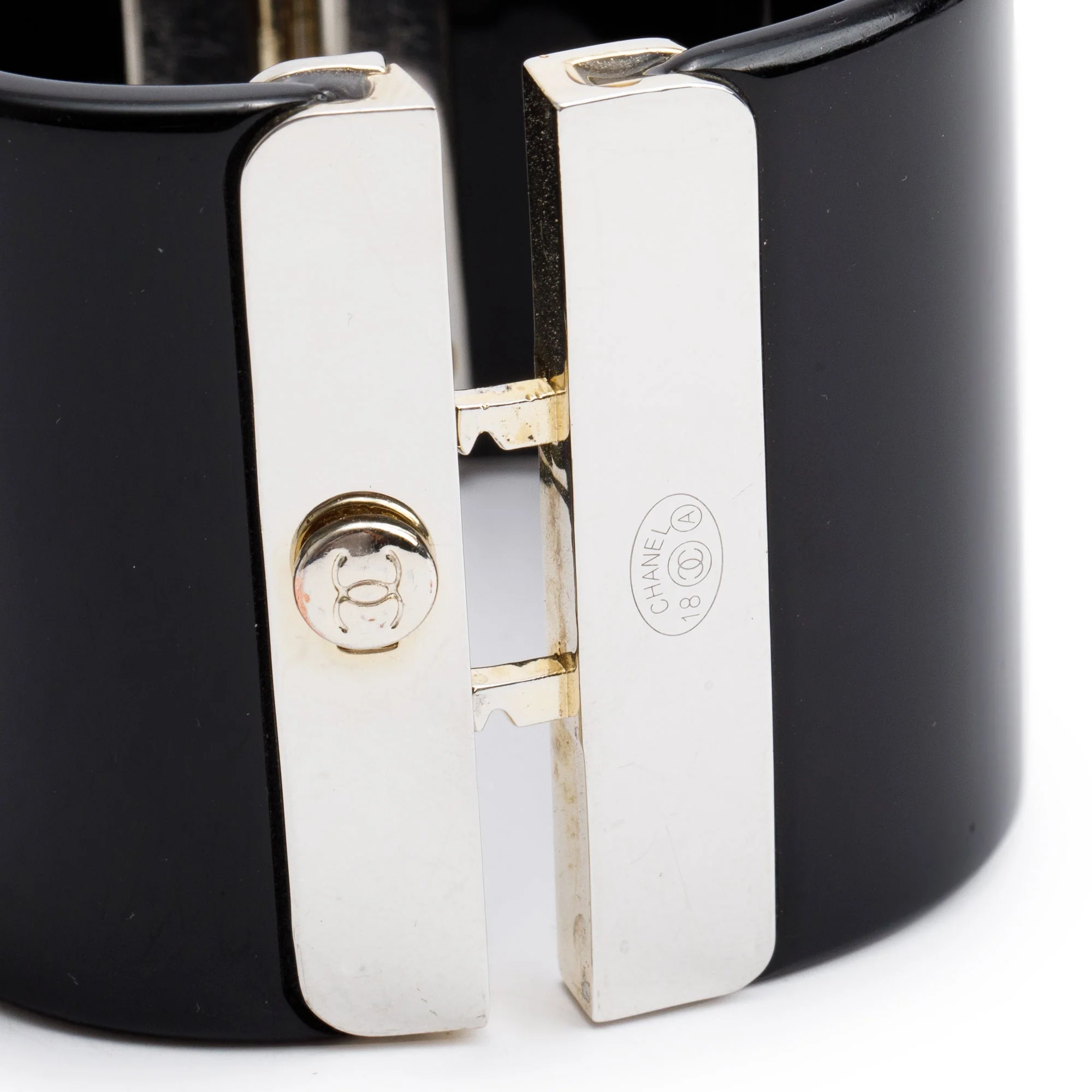 Chanel Gold Plated Black Resin Strass CC Hinged Bangle - Image 3