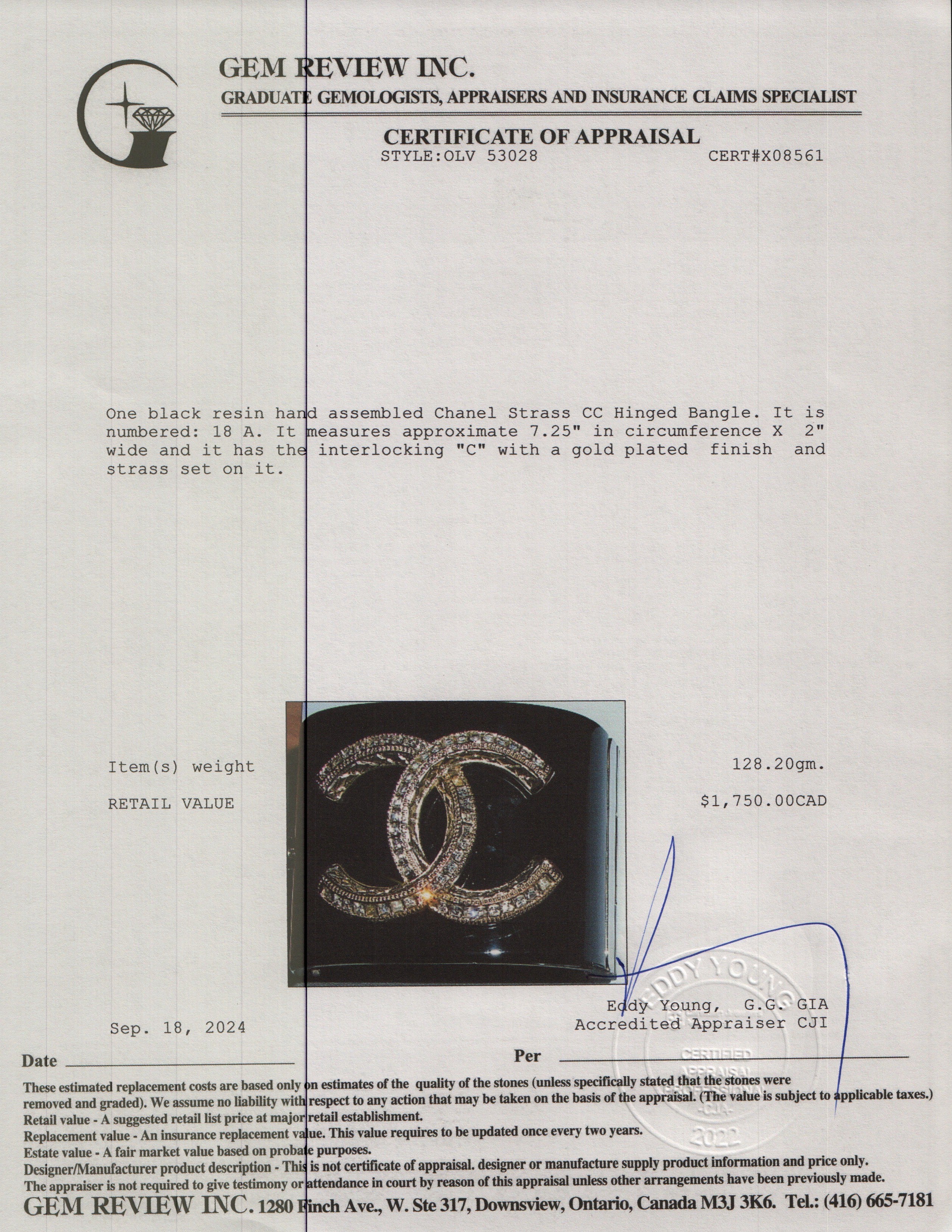 Chanel Gold Plated Black Resin Strass CC Hinged Bangle - Image 4