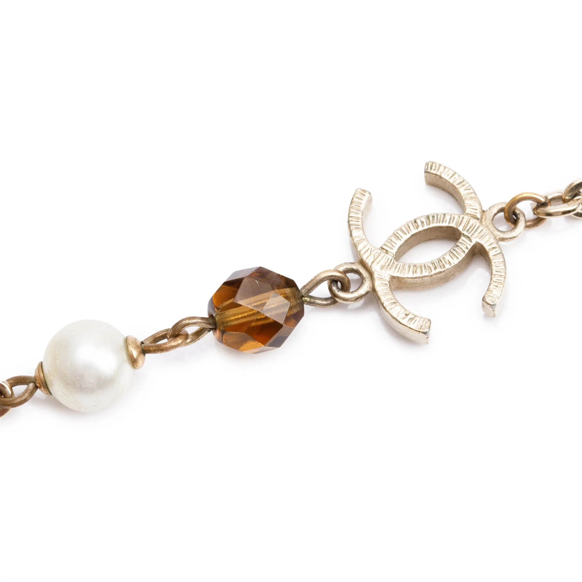 Chanel Gold Plated Faux Pearl & Amber Bead CC Long Necklace - Image 3