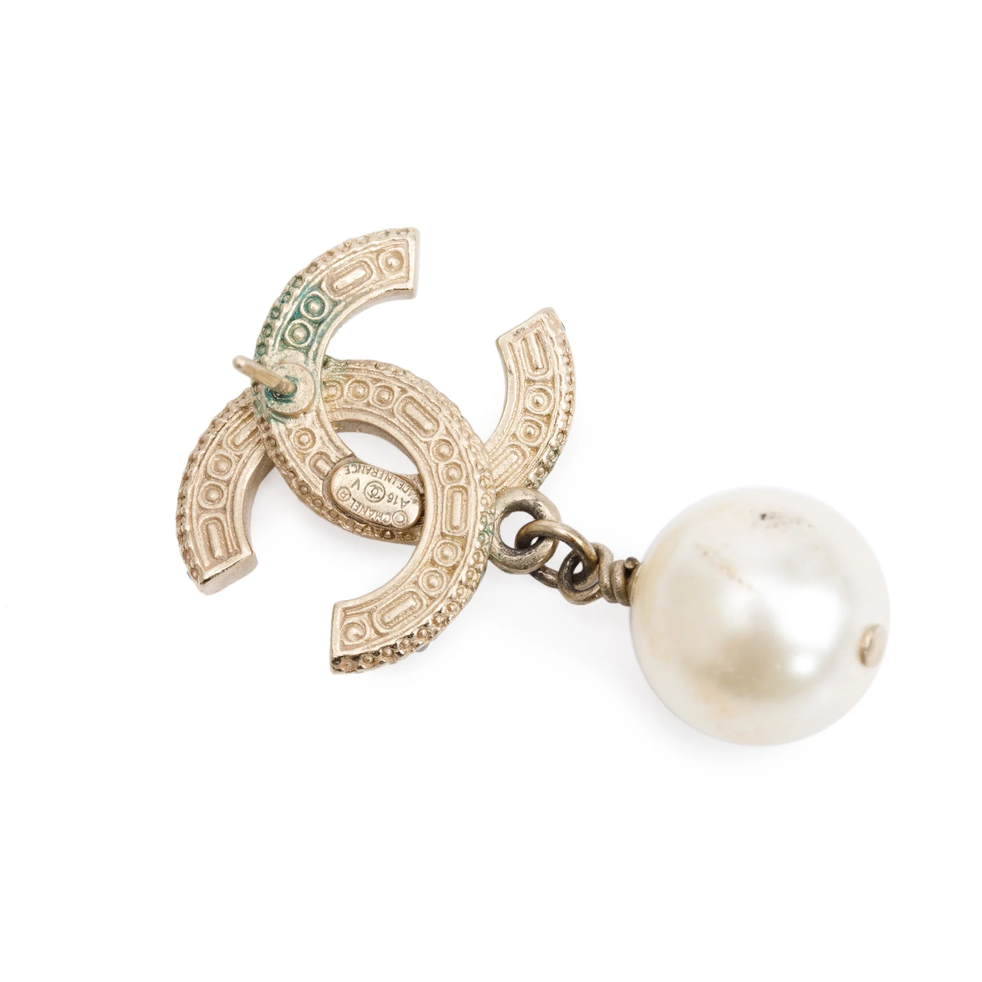 Chanel Gold Plated Faux Pearl Black & White Strass CC Drop Earrings w/ Box - Image 3