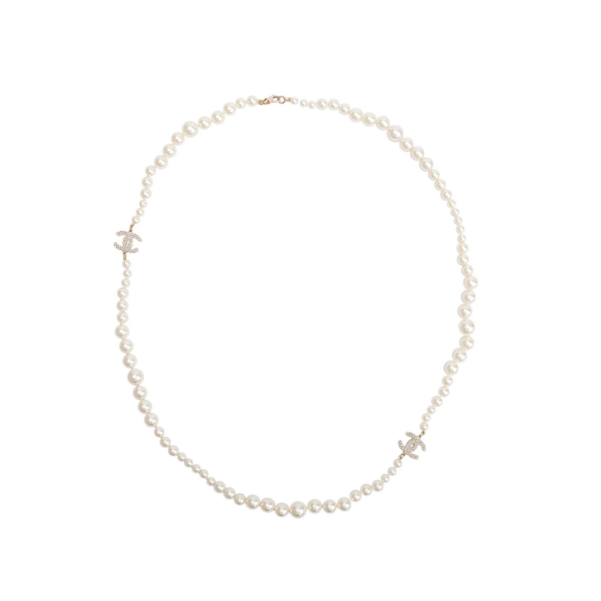 Chanel Gold-Plated Faux Pearl CC Long Strand Necklace w/ Box