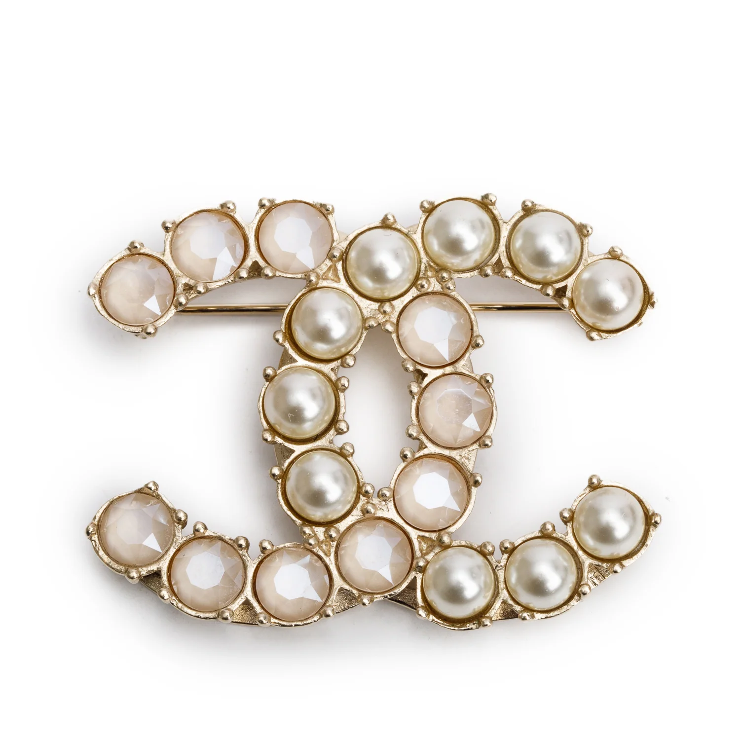 Chanel Gold Plated Faux Pearl & Strass CC Brooch w/ Box