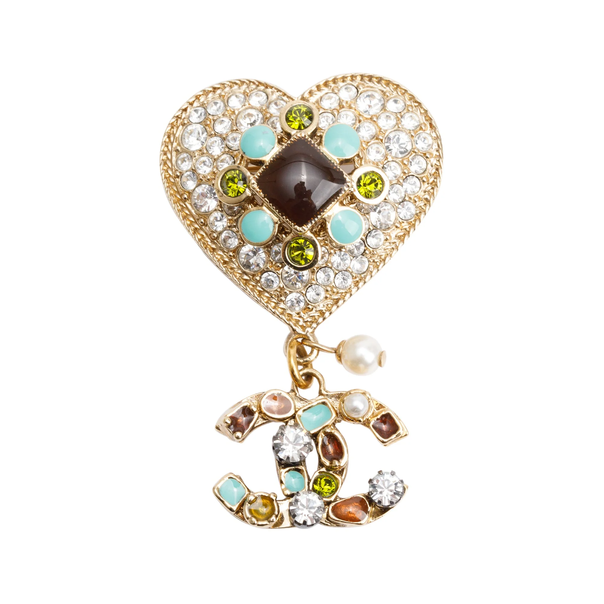 Chanel Gold Plated Faux Pearl, Strass & Enamel Heart CC Brooch