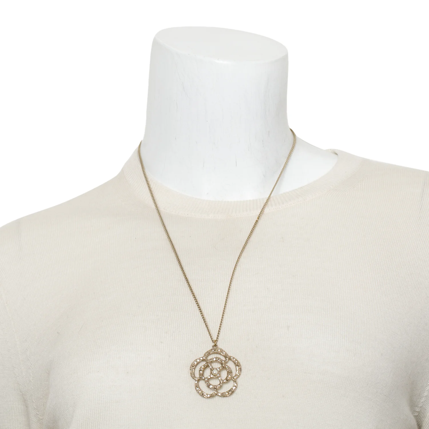 Chanel Gold-Plated Metal Faux Pearl & Strass Camellia Flower Pendant Necklace w/ Box - Image 2