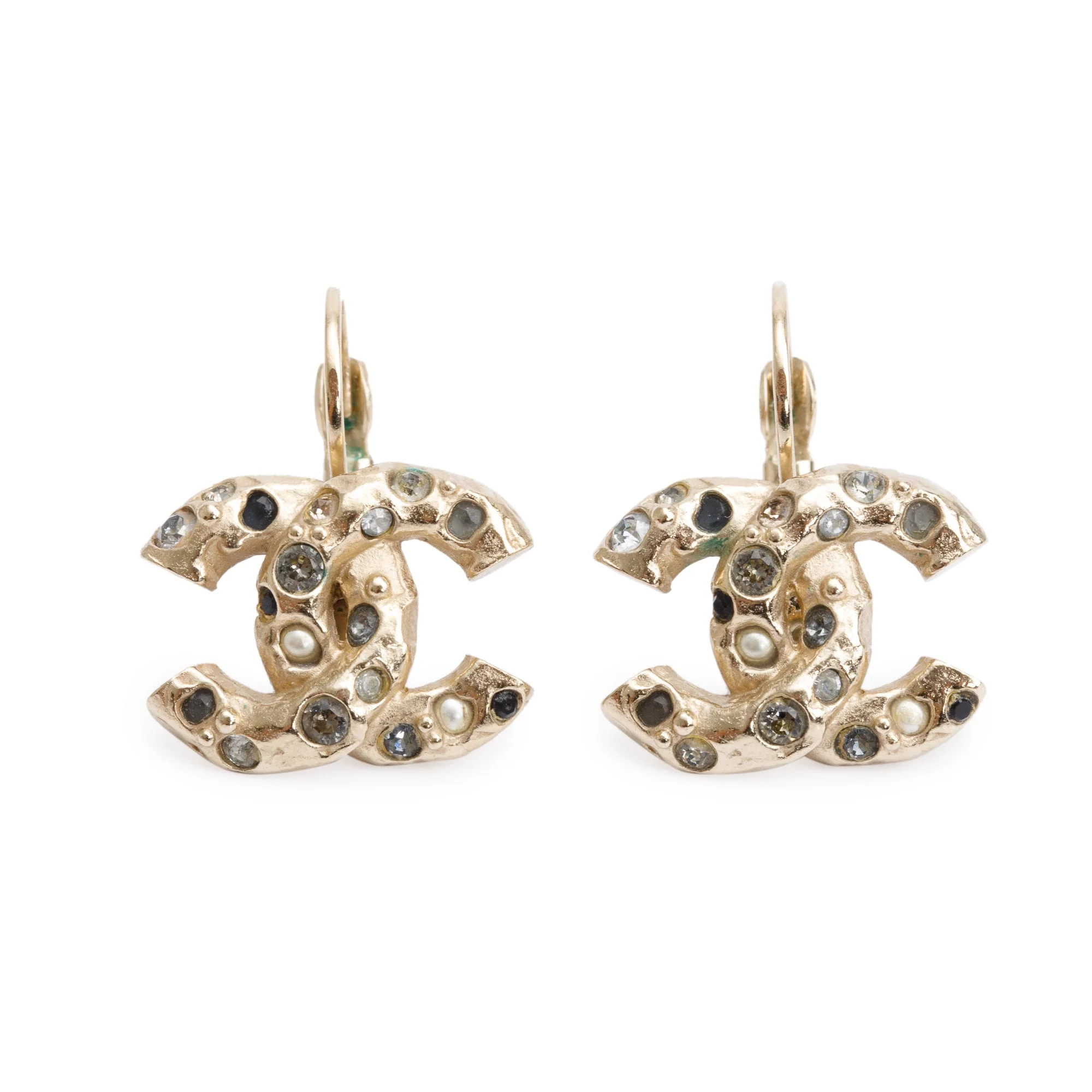 Chanel Gold Plated Strass & Faux Pearl CC Drop Earrings w/ Box