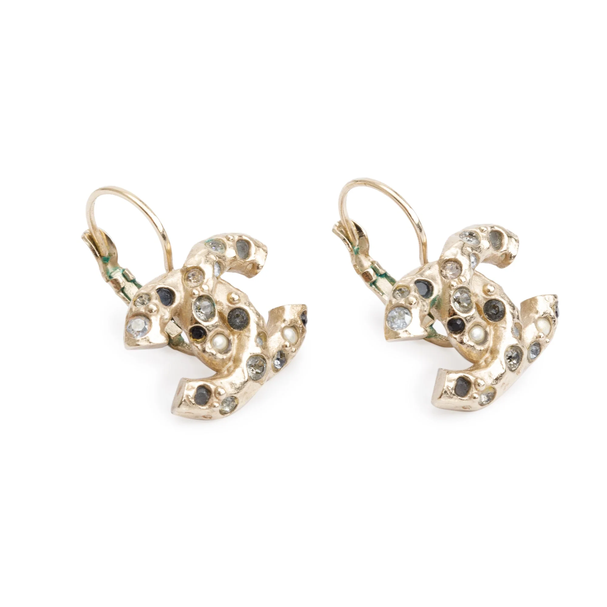 Chanel Gold Plated Strass & Faux Pearl CC Drop Earrings w/ Box - Image 3