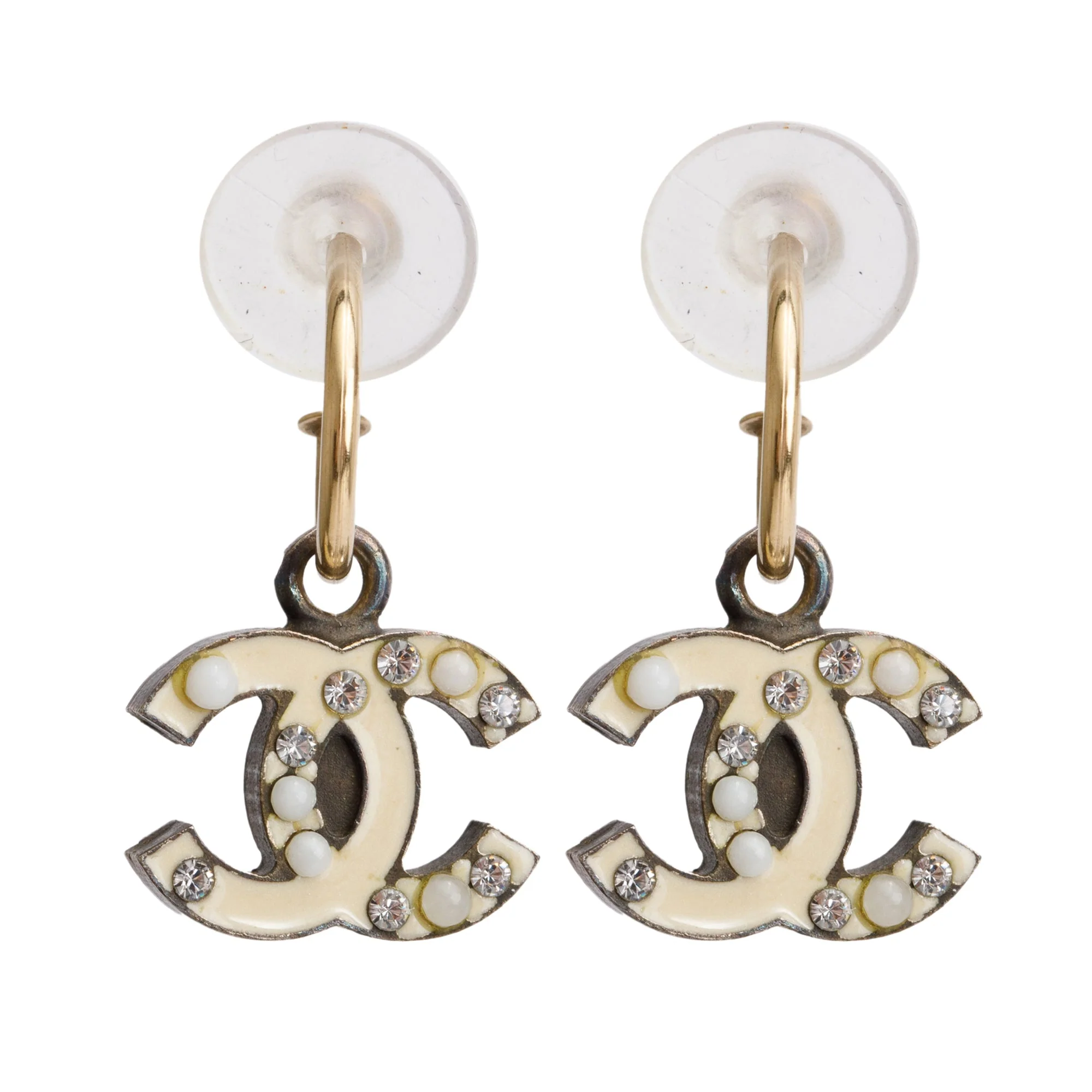 Chanel Gold Plated White Enamel Crystal CC Drop Earrings