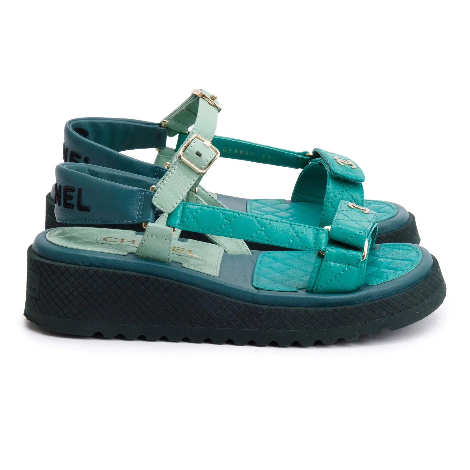 Chanel Green Lambskin Leather Dad Interlocking CC Logo Sandals, Size 37.5 w/ Box - Image 5