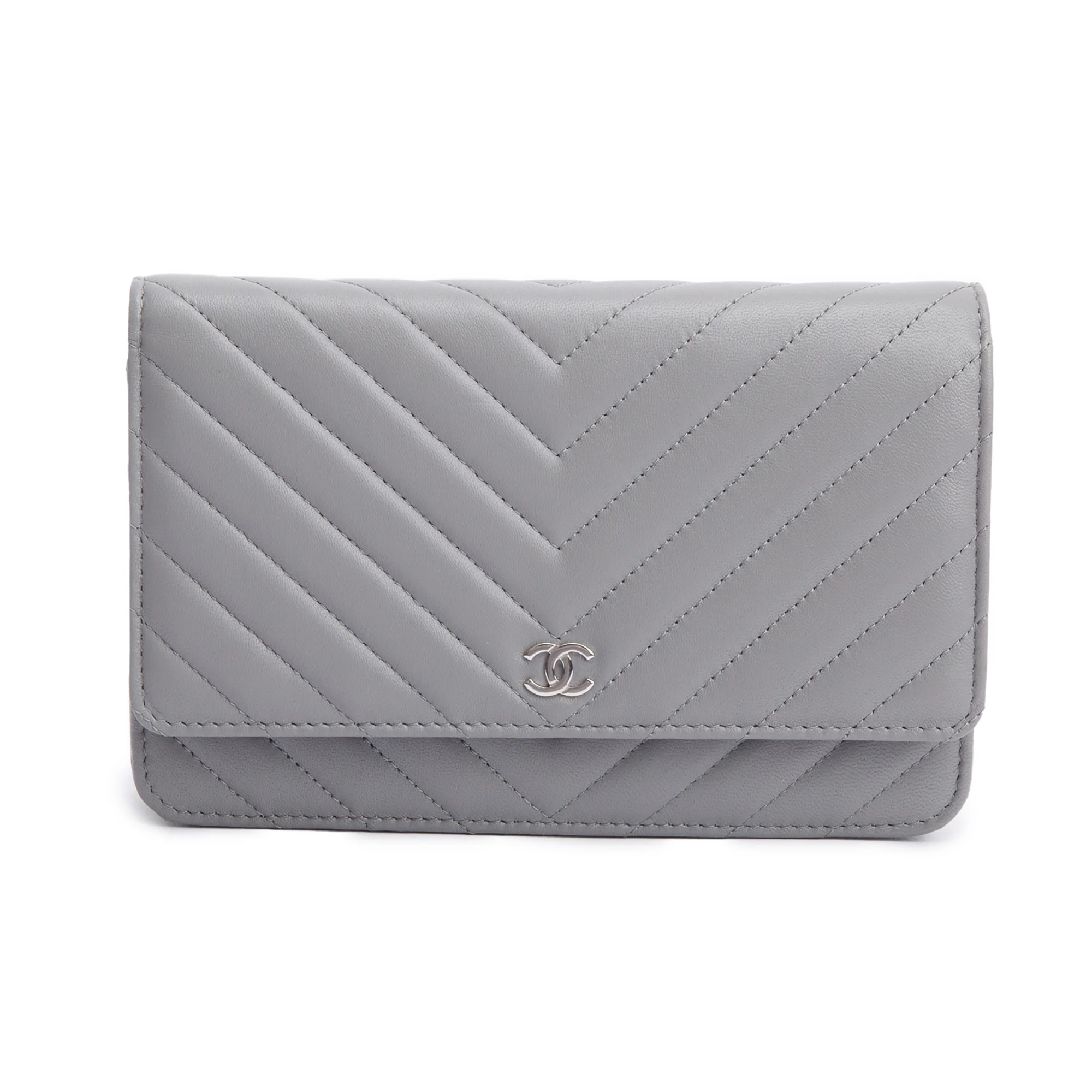 Chanel Grey Chevron Lambskin Leather Classic Wallet on Chain w/ Box - Image 4