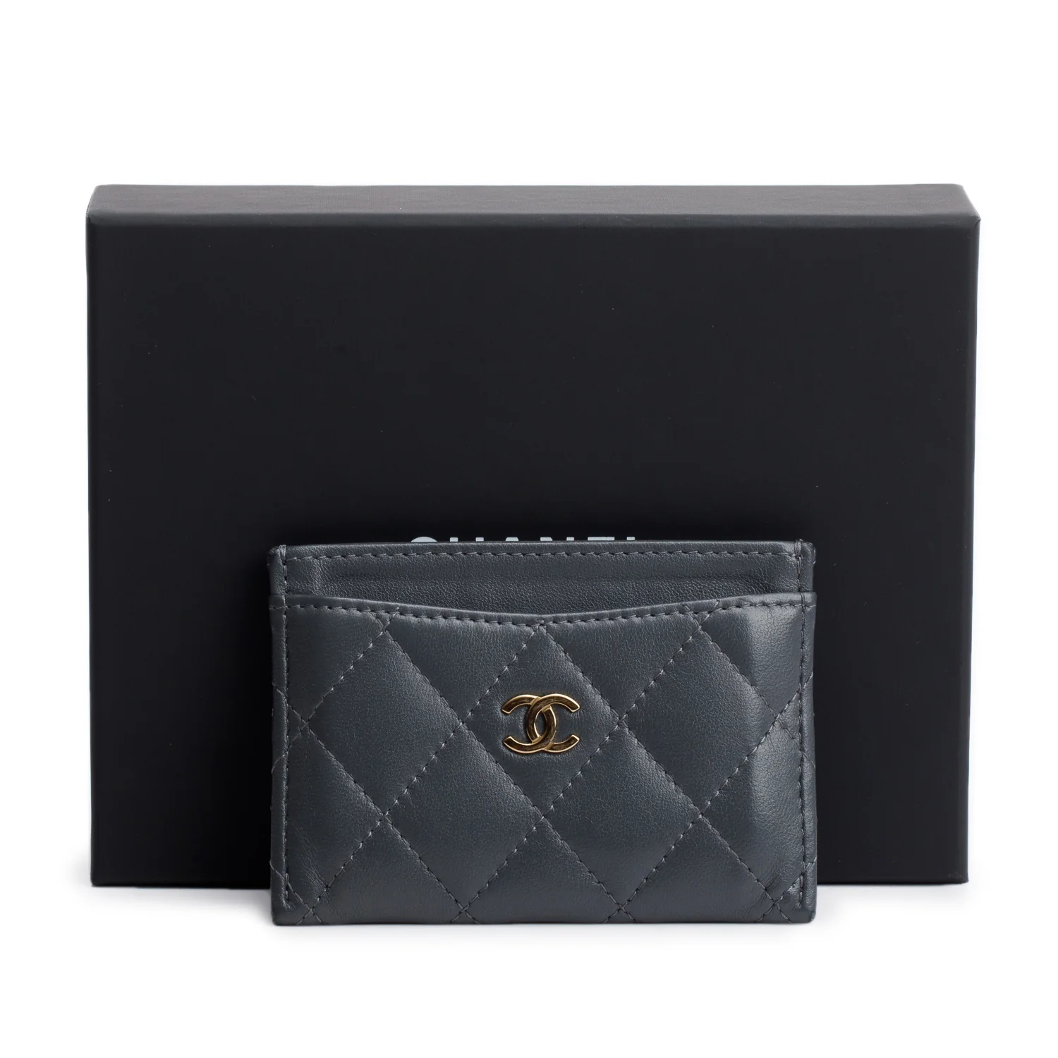 Chanel Grey Lambskin Leather Classic Card Holder w/ Box - Image 2