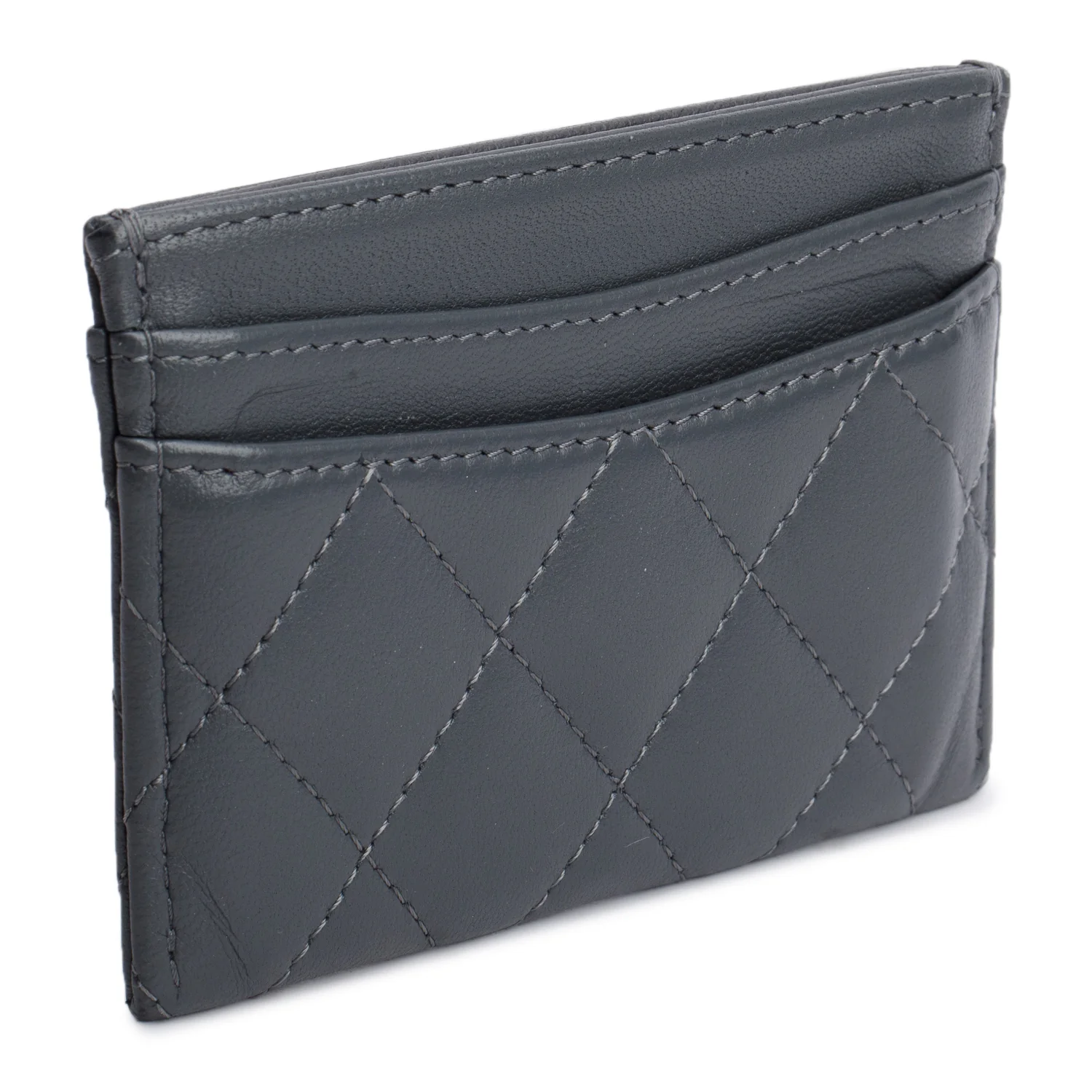 Chanel Grey Lambskin Leather Classic Card Holder w/ Box - Image 5
