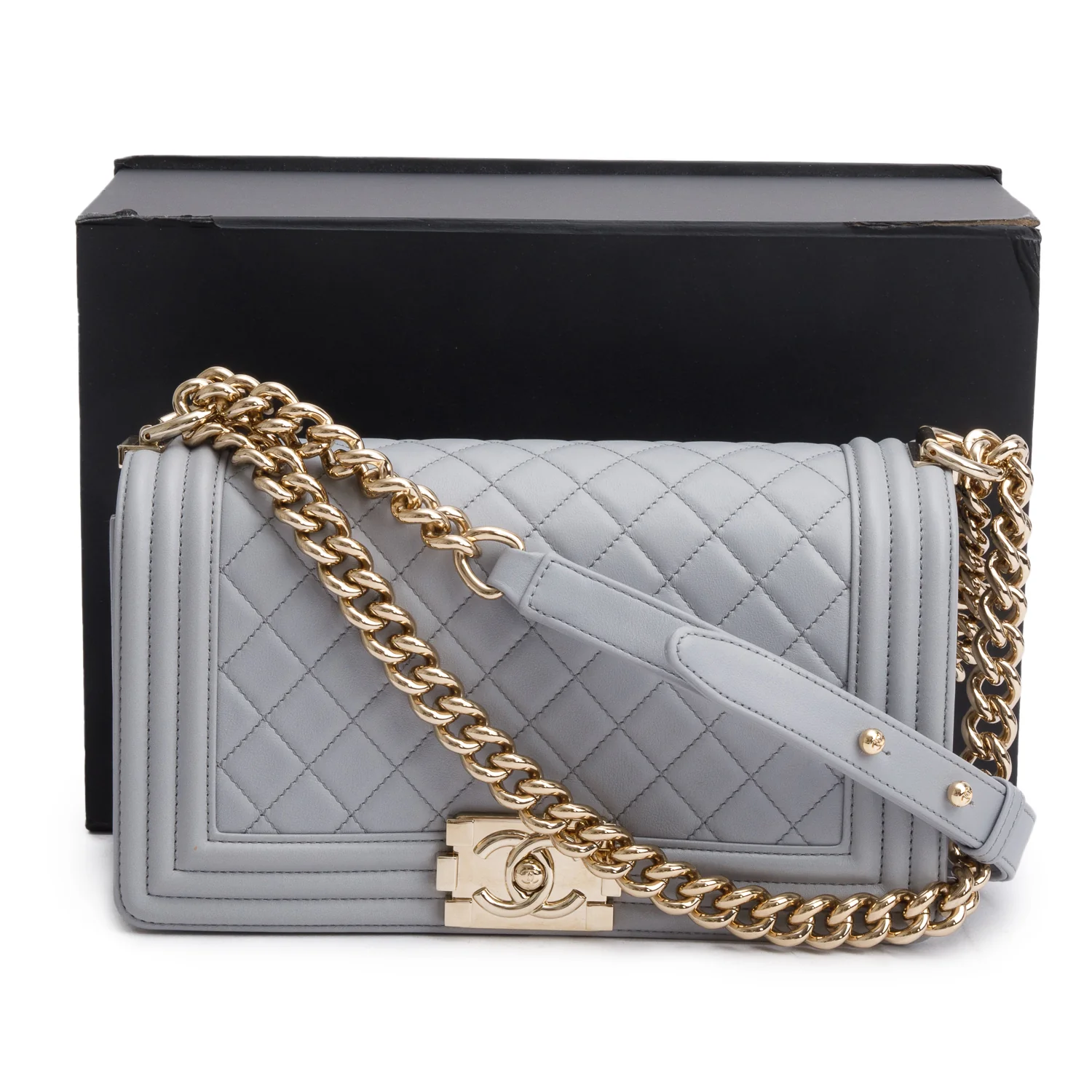 Chanel Grey Quilted Calfskin Leather Medium Boy Bag w/ Box & Authenticity Card - Image 3