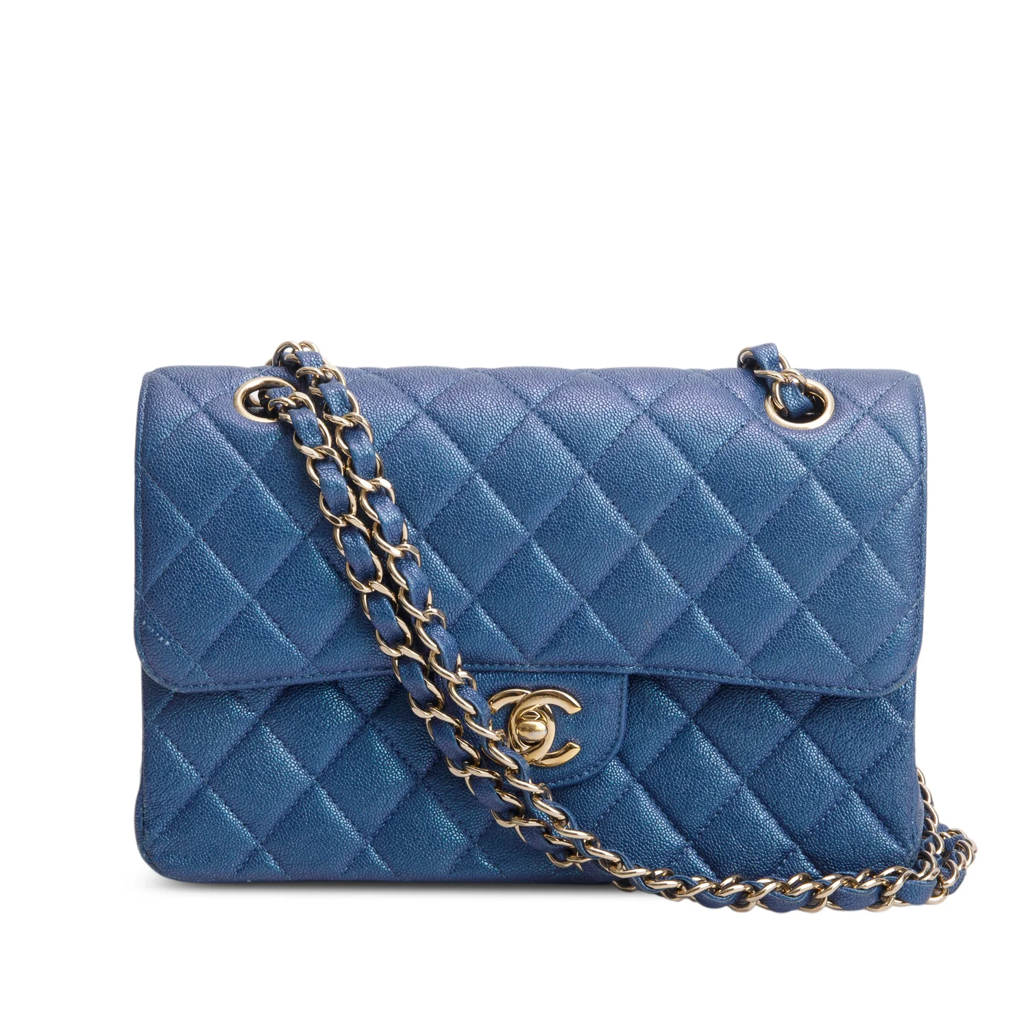 Chanel Iridescent Blue Caviar Quilted Small Double Flap w/ Box