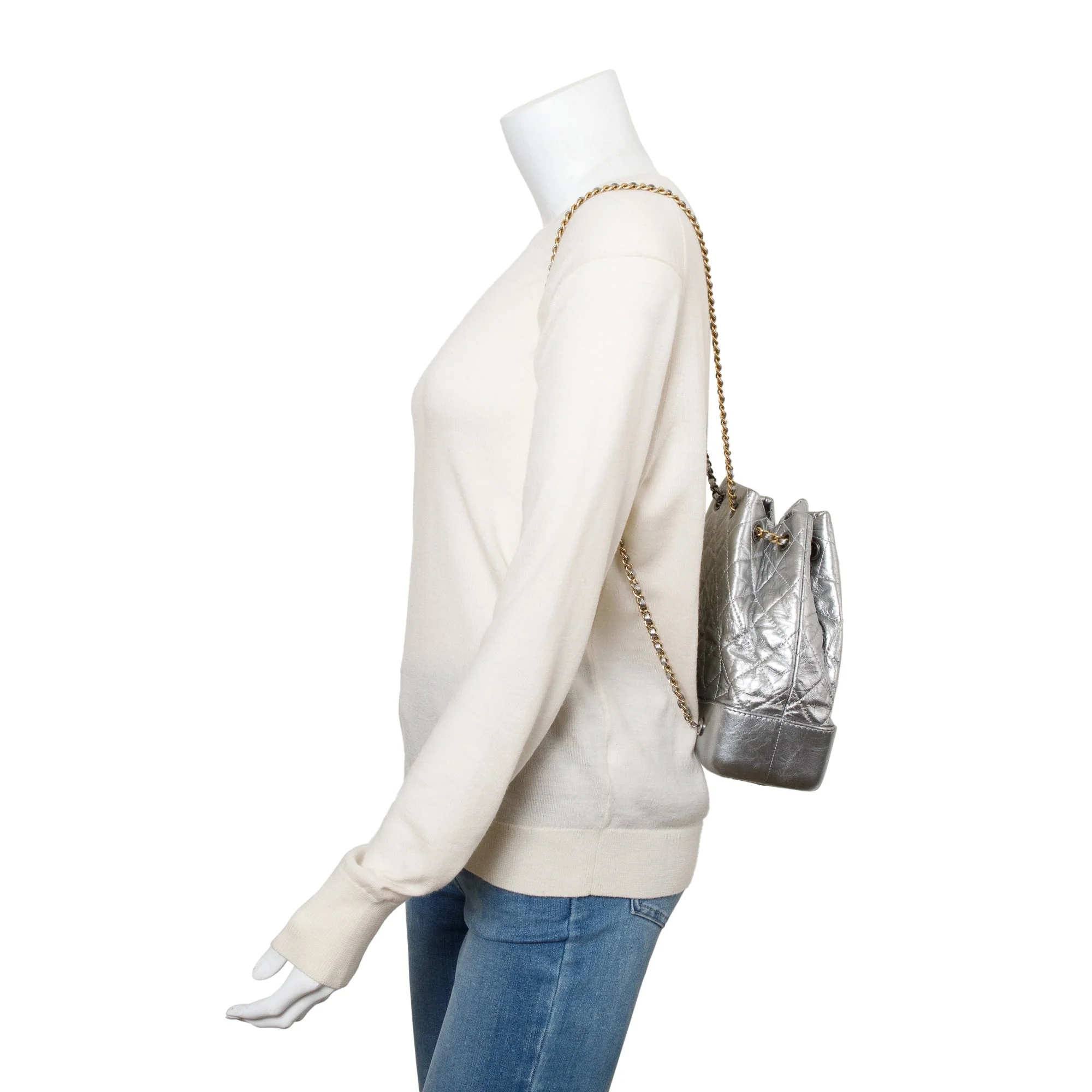 Chanel Metallic Silver Aged Calfskin Leather Small Gabrielle Backpack w/ Authenticity Card - Image 2