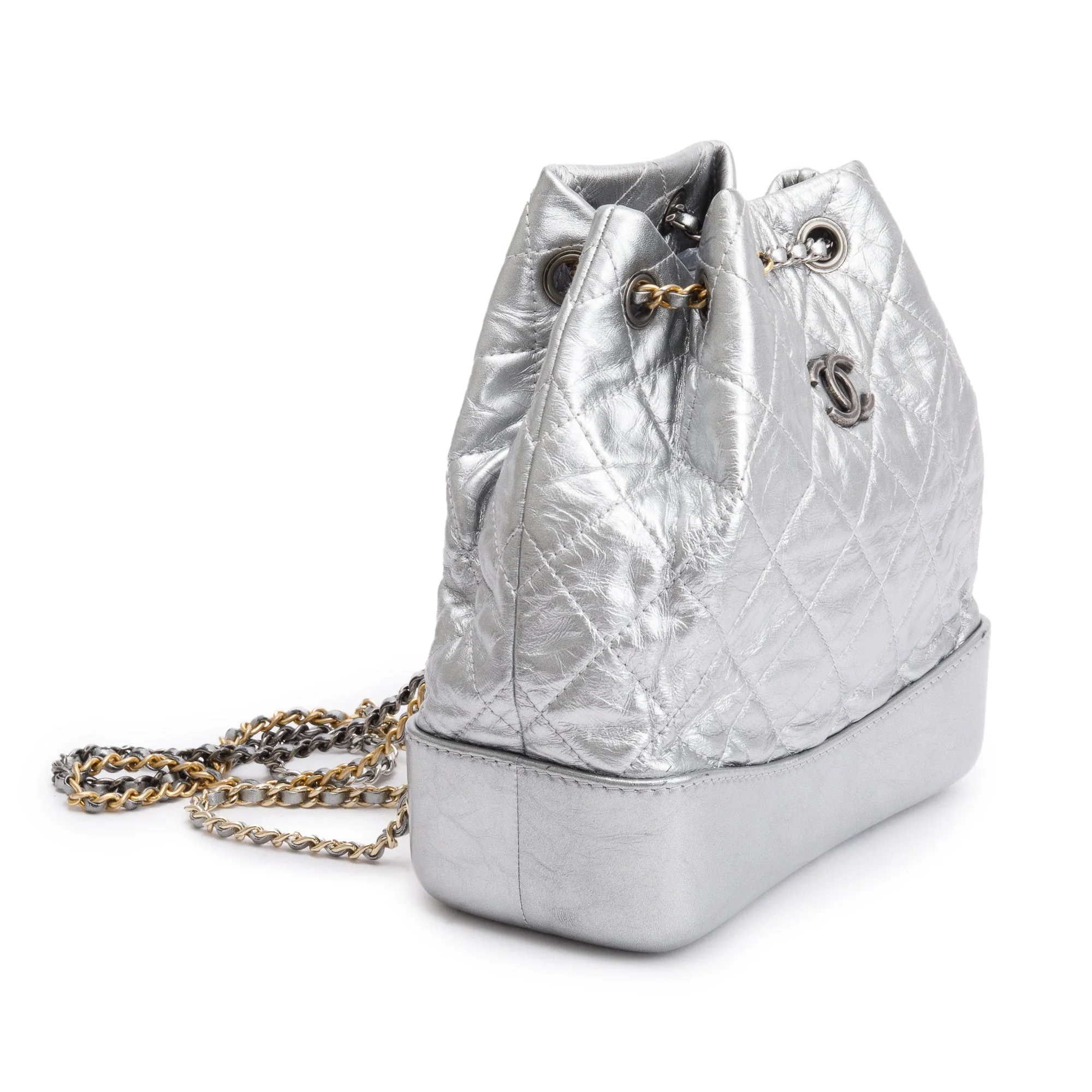Chanel Metallic Silver Aged Calfskin Leather Small Gabrielle Backpack w/ Authenticity Card - Image 3