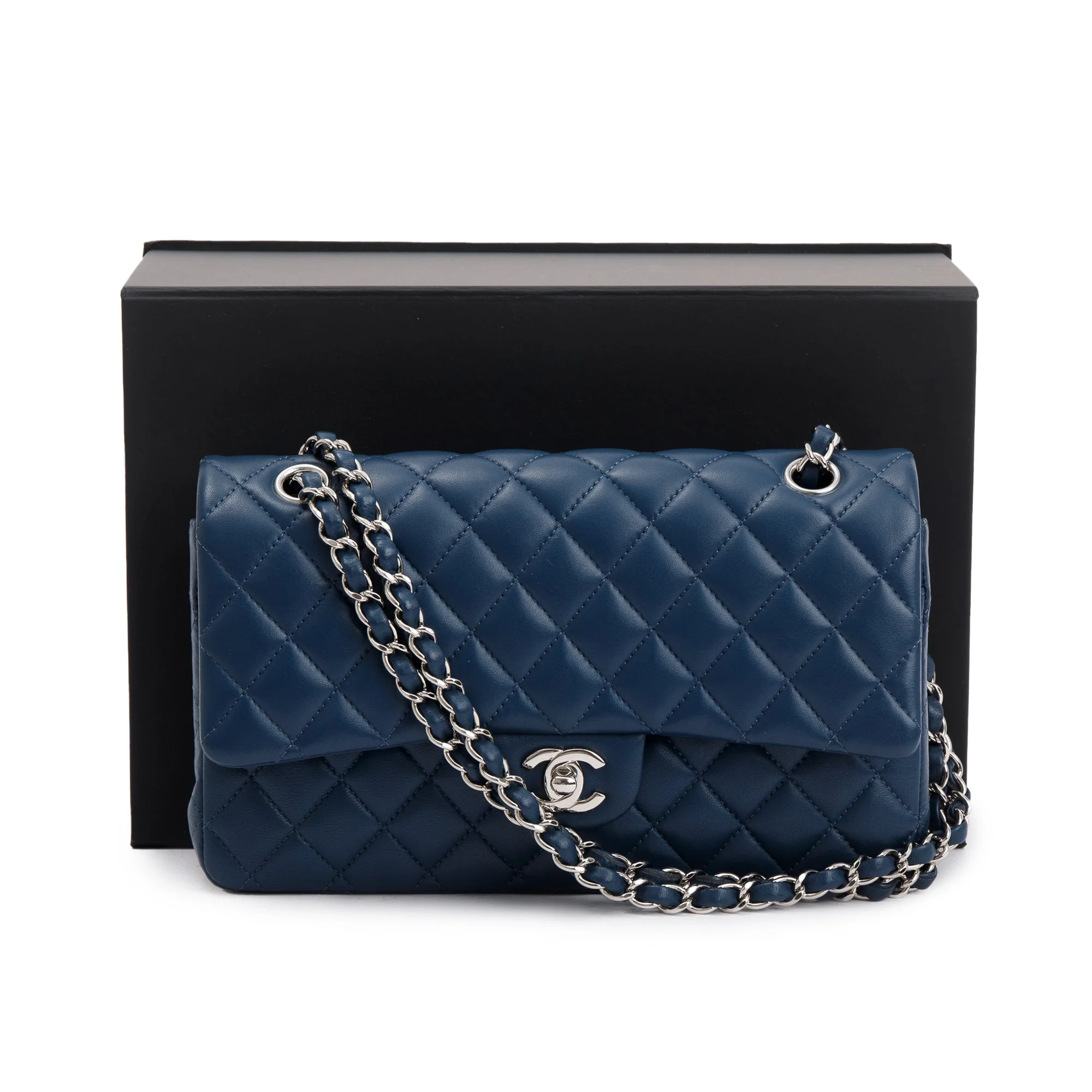 Chanel Navy Lambskin Leather Classic Medium Double Flap Bag w/ Box & Authenticity Card - Image 3