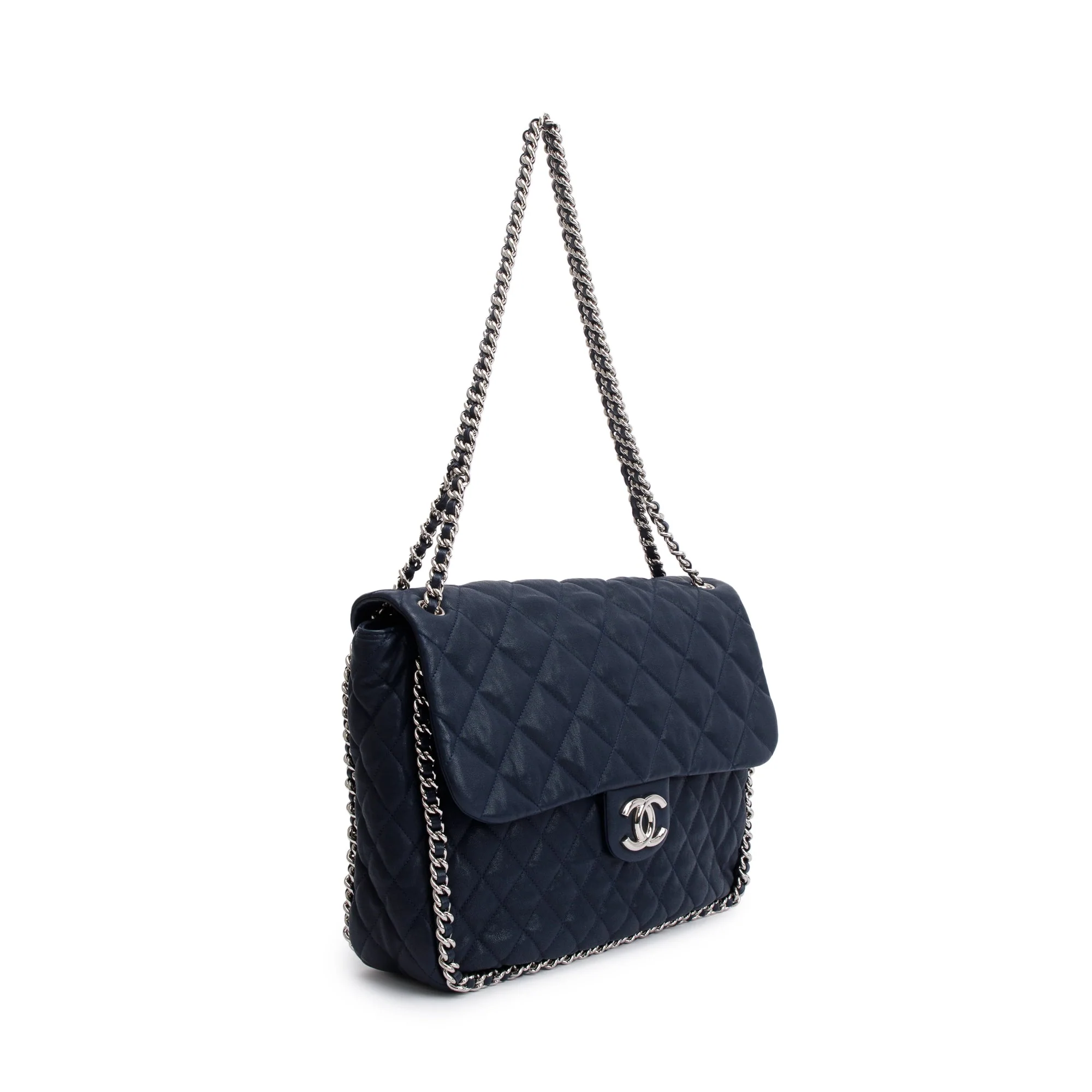 Chanel Navy Quilted Calfskin Leather Maxi Chain Around Flap Bag w/ Authenticity Card - Image 4