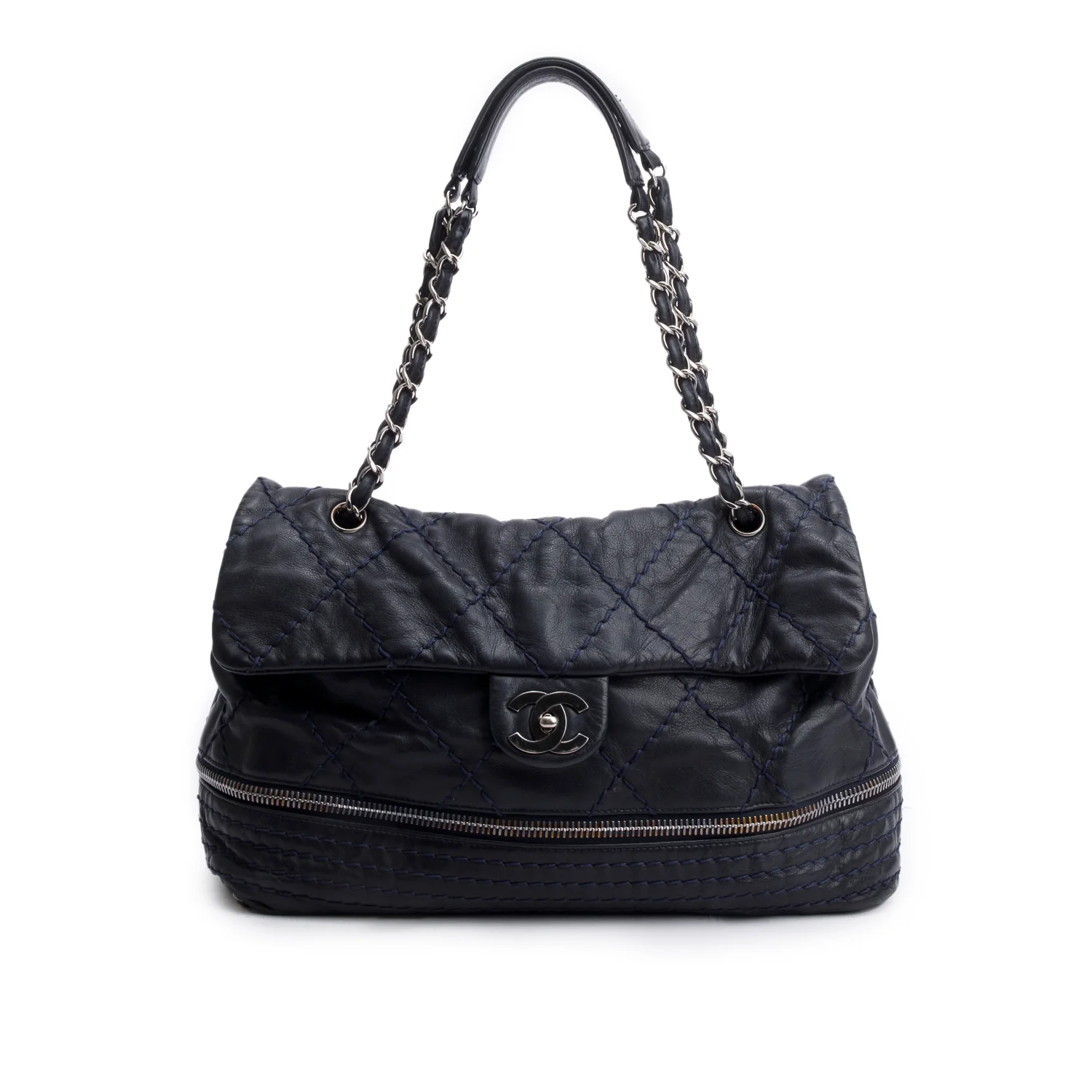 Chanel Navy Quilted Stitched Calfskin Leather Expandable Ligne Flap Bag - Image 3