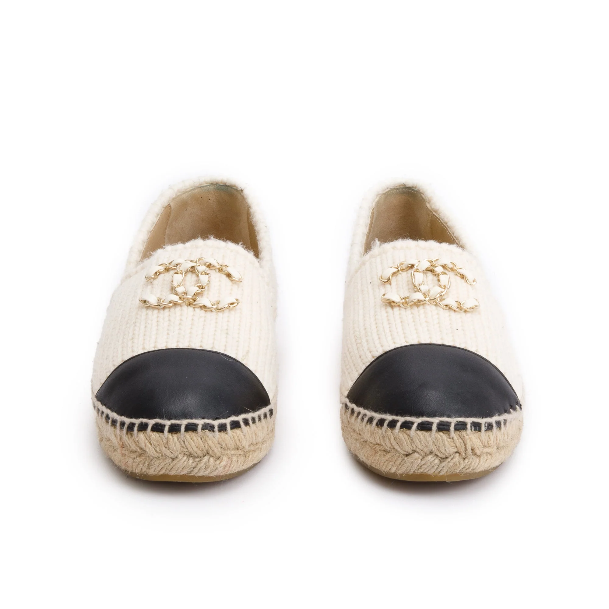 Chanel Neutral Wool Black Leather CC Logo Espadrilles, Size 40 w/ Box - Image 3