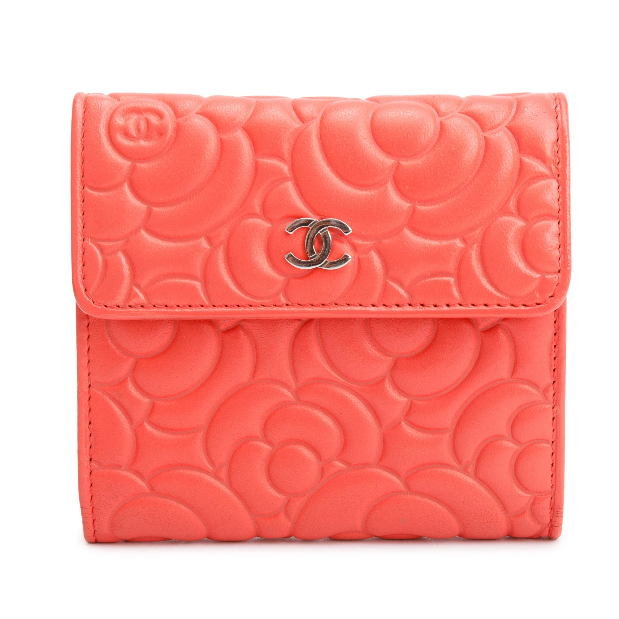 Chanel Orange Camellia Embossed Leather Trifold Compact Wallet w/ Box & Authenticity Card