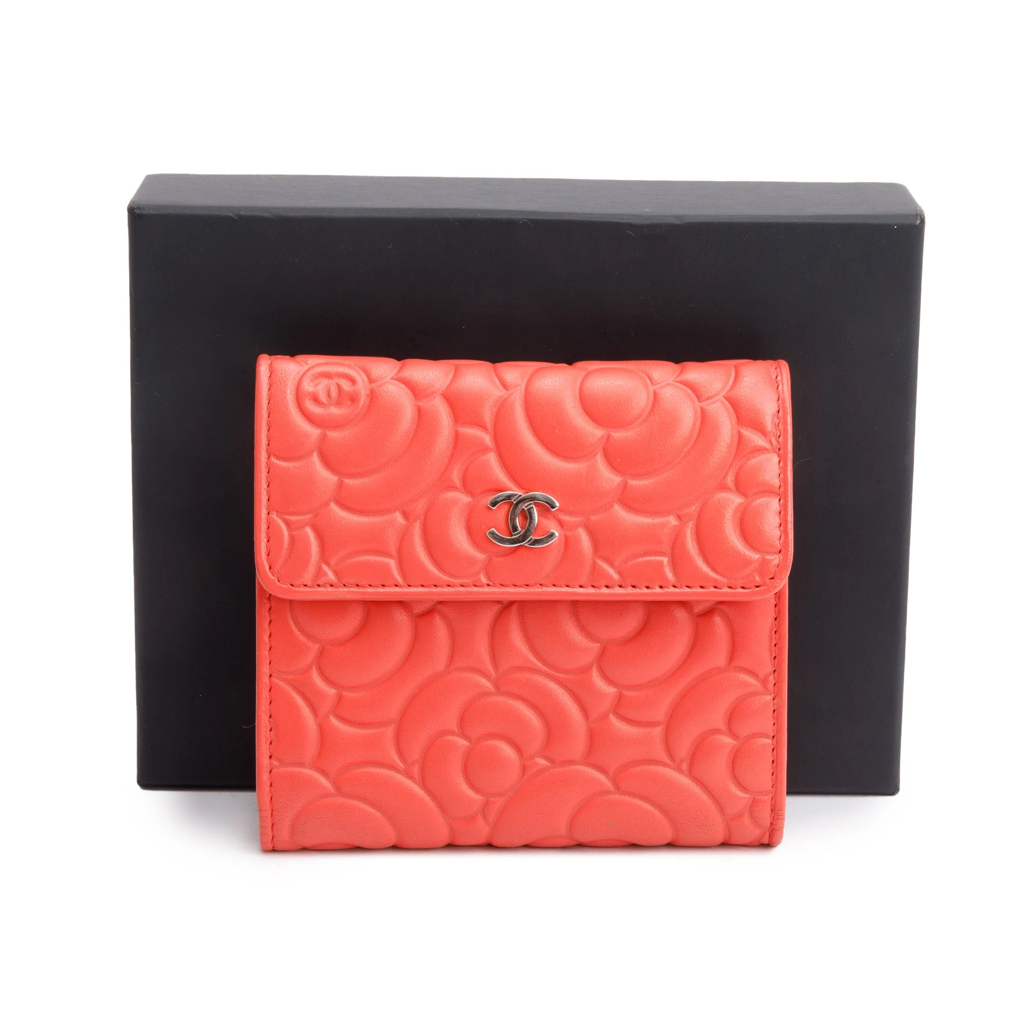 Chanel Orange Camellia Embossed Leather Trifold Compact Wallet w/ Box & Authenticity Card - Image 2