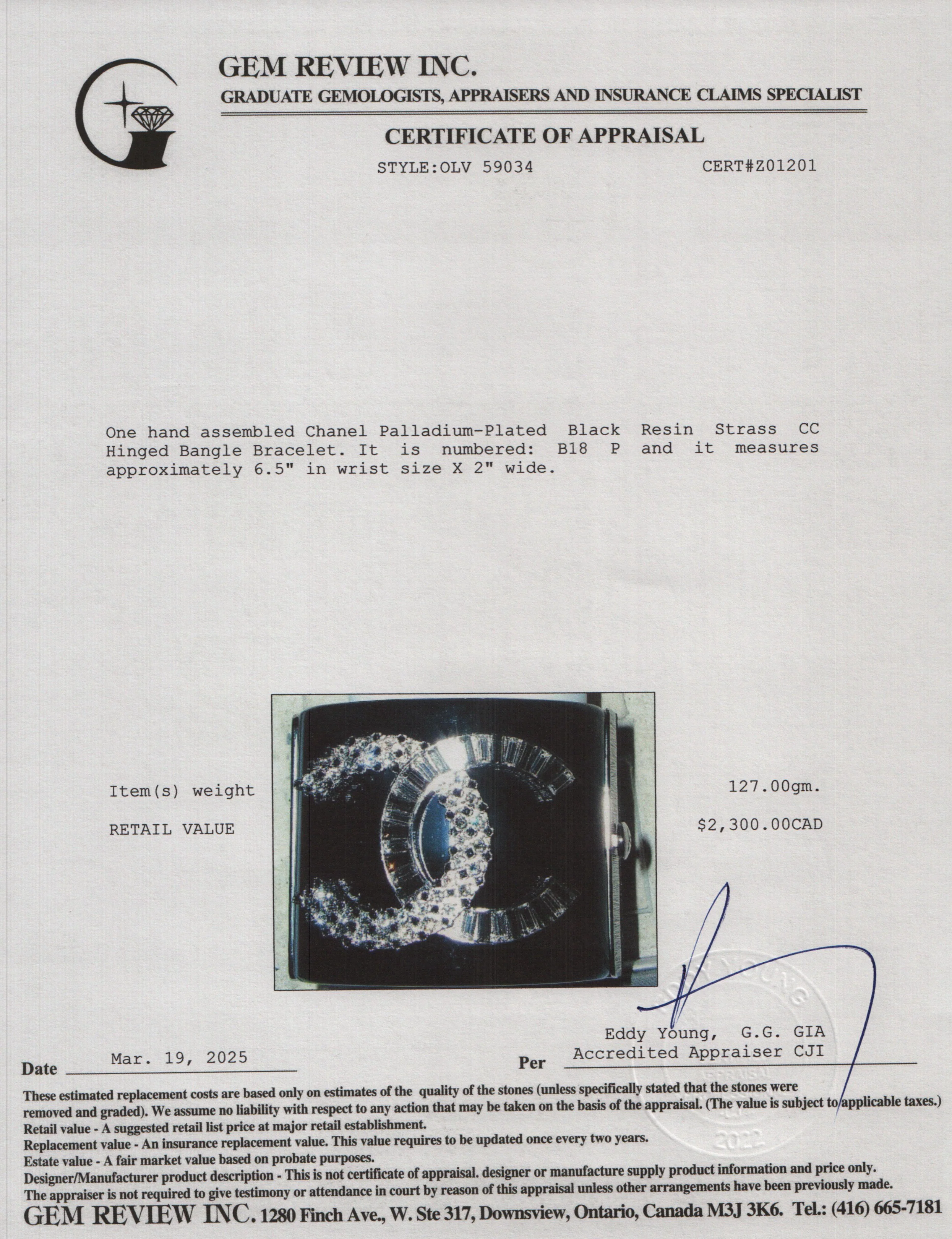 Chanel Palladium-Plated Black Resin Strass CC Hinged Bangle Bracelet w/ Box - Image 5