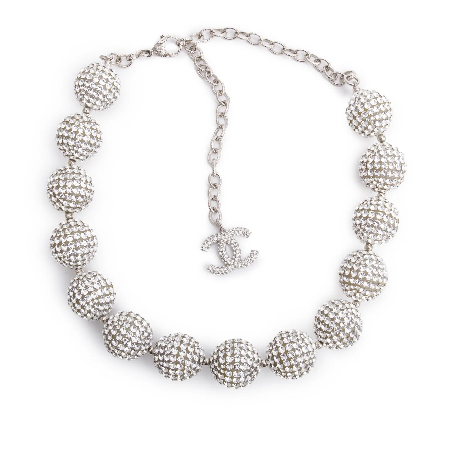 Chanel Palladium-Plated Crystal CC Ball Choker Necklace