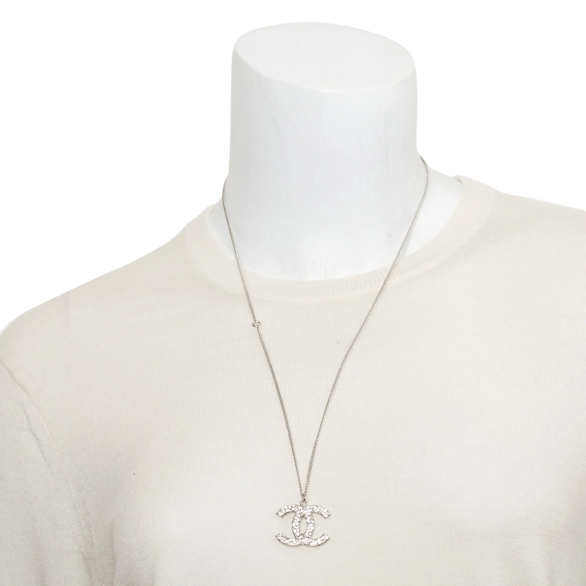 Chanel Palladium-Plated Metal Strass CC Pendant Necklace - Image 2
