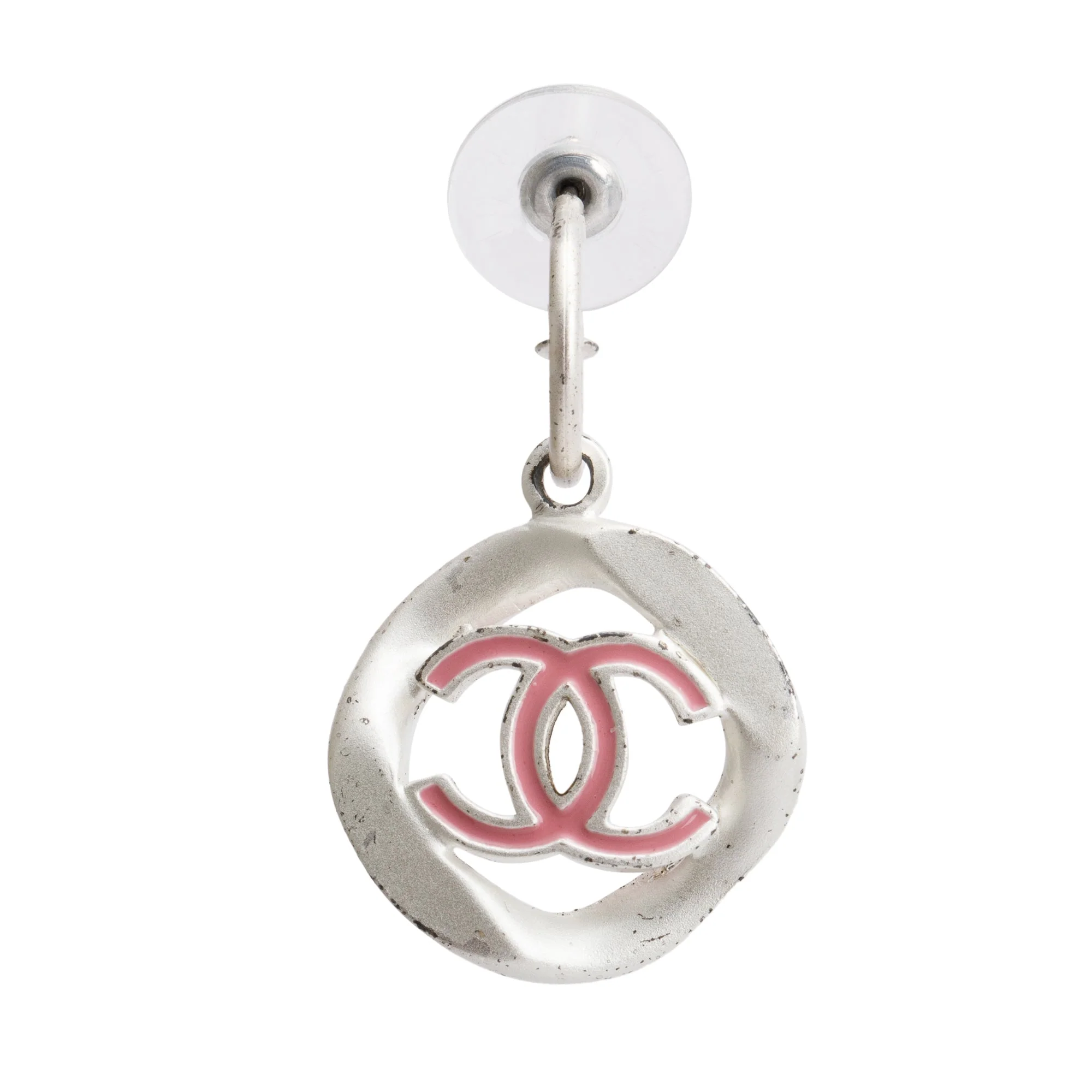 Chanel Palladium Plated Silver Pink Enamel Round CC Drop Earrings - Image 3