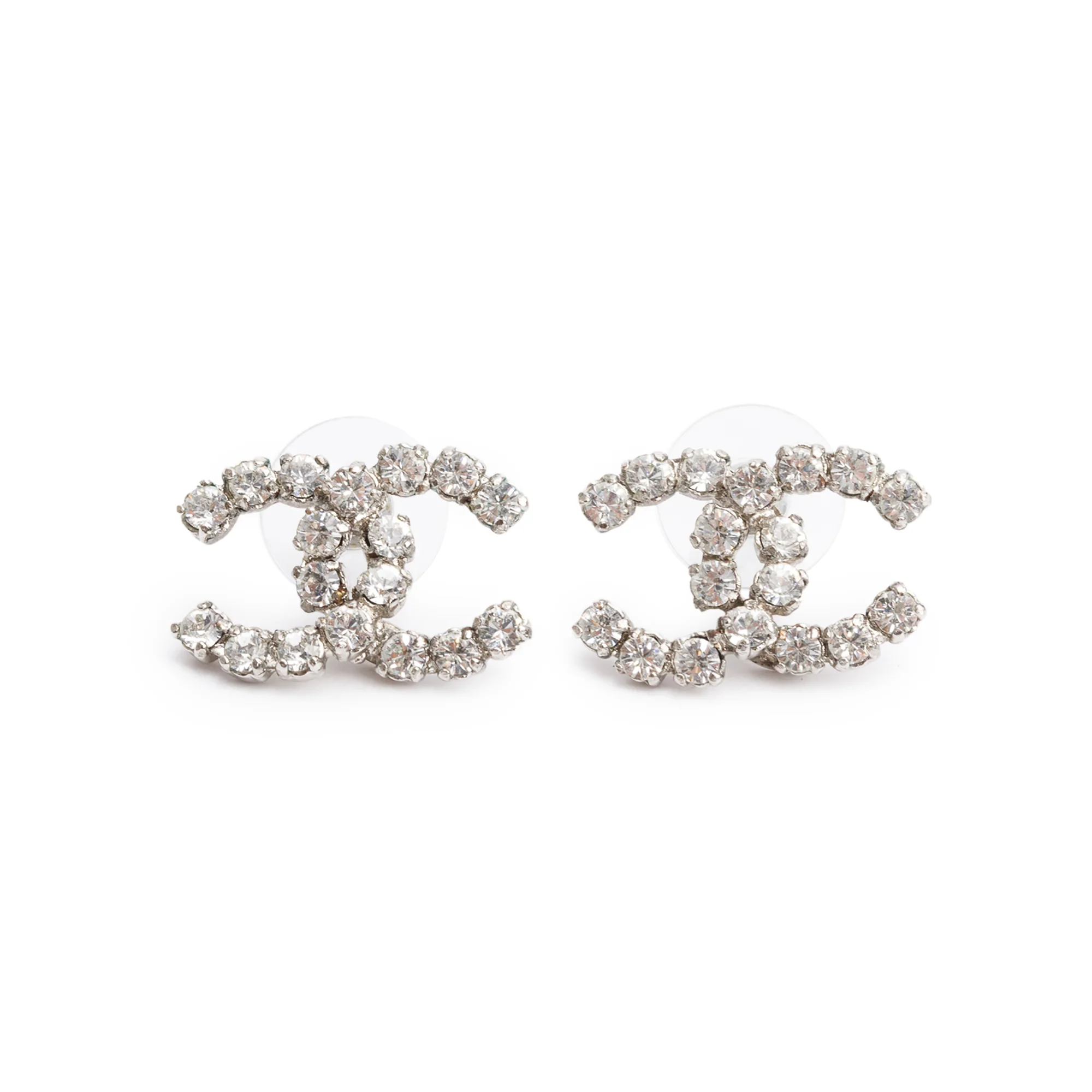 Chanel Palladium-Plated Strass CC Stud Earrings
