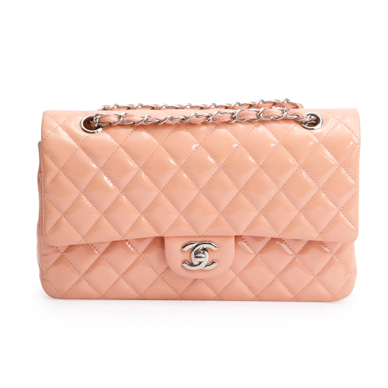 Chanel Peach Quilted Patent Leather Classic Medium Double Flap Bag w/ Box - Image 4