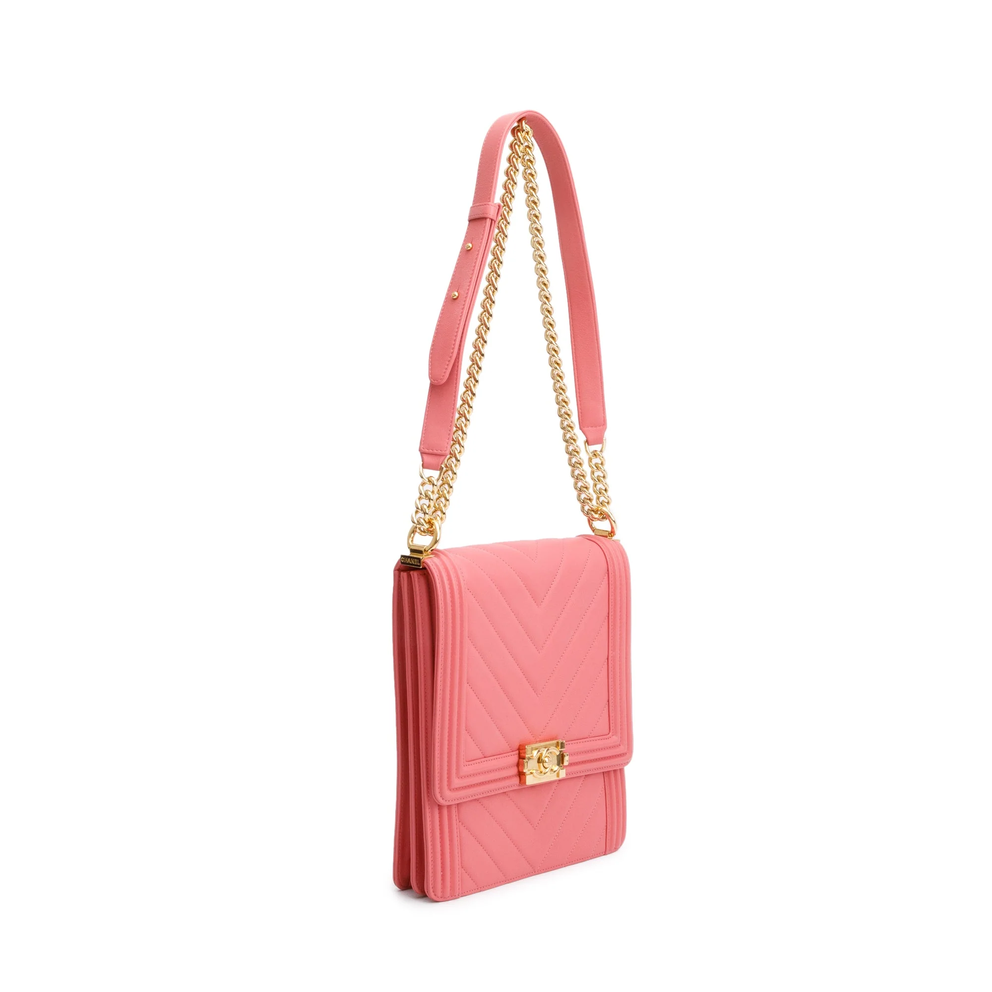 Chanel Pink Chevron Calfskin Leather North/South Boy Bag - Image 4