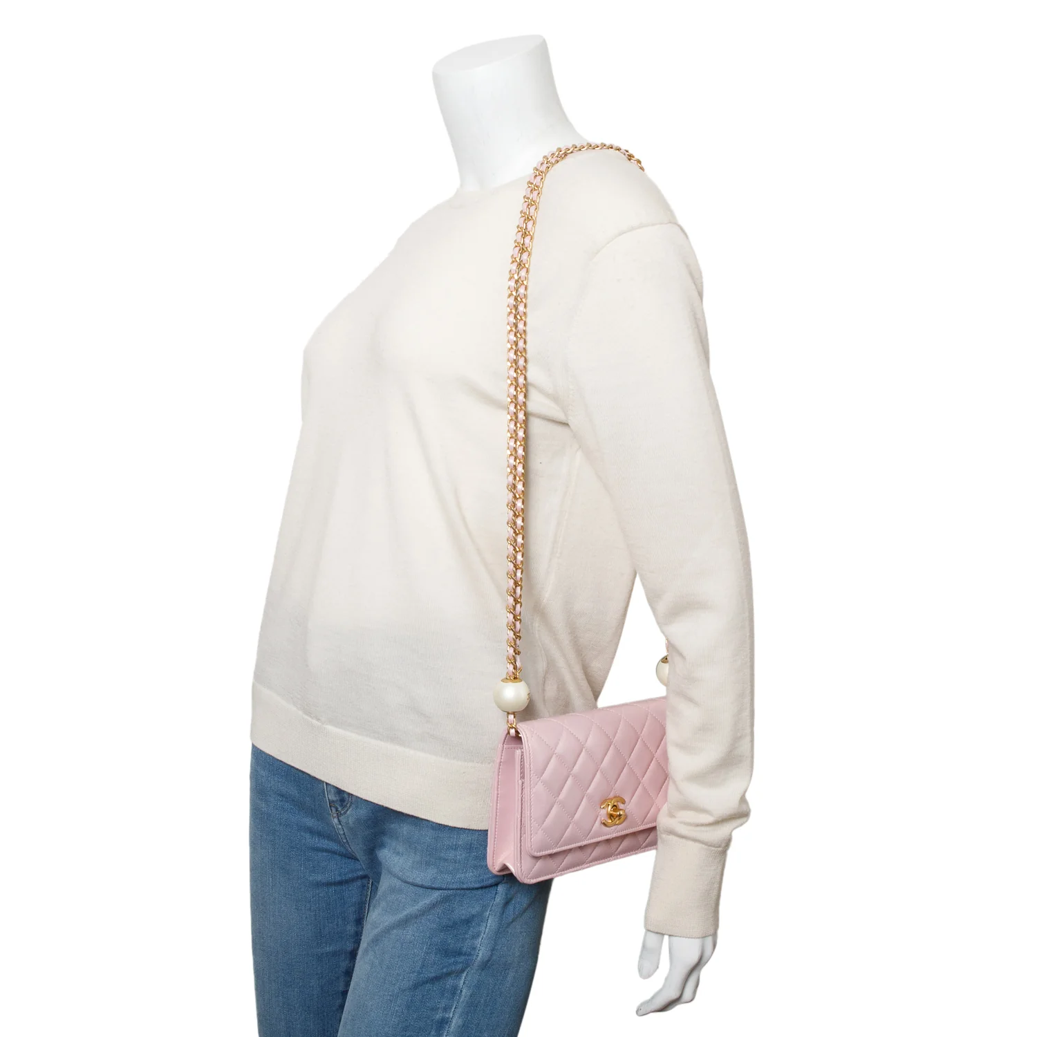 Chanel Pink Iridescent Quilted Lambskin Leather CC Pearl Crush Classic Wallet on Chain w/ Box - Image 2