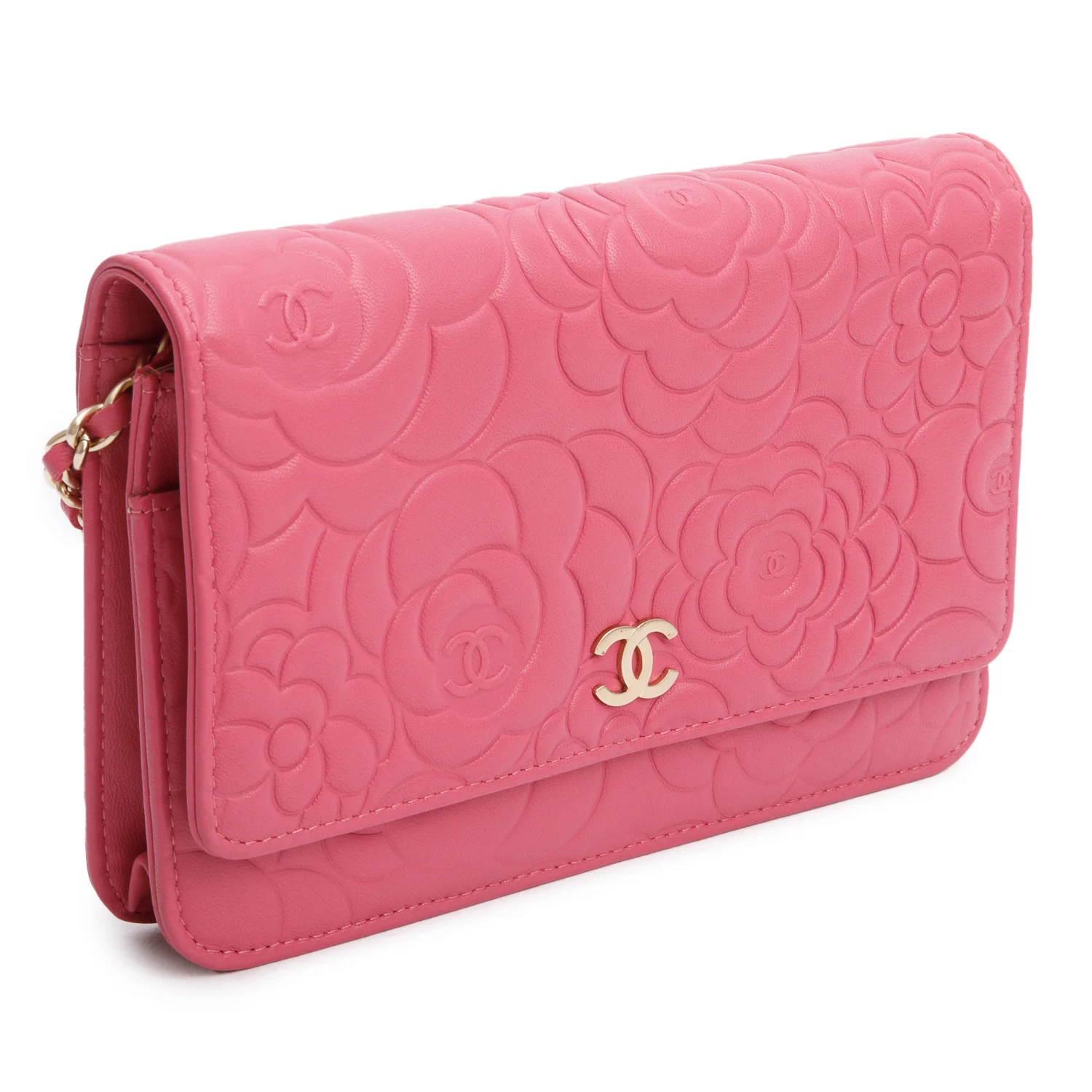 Chanel Pink Lambskin Camellia Embossed Wallet on Chain w/ Box & Authenticity Card - Image 5