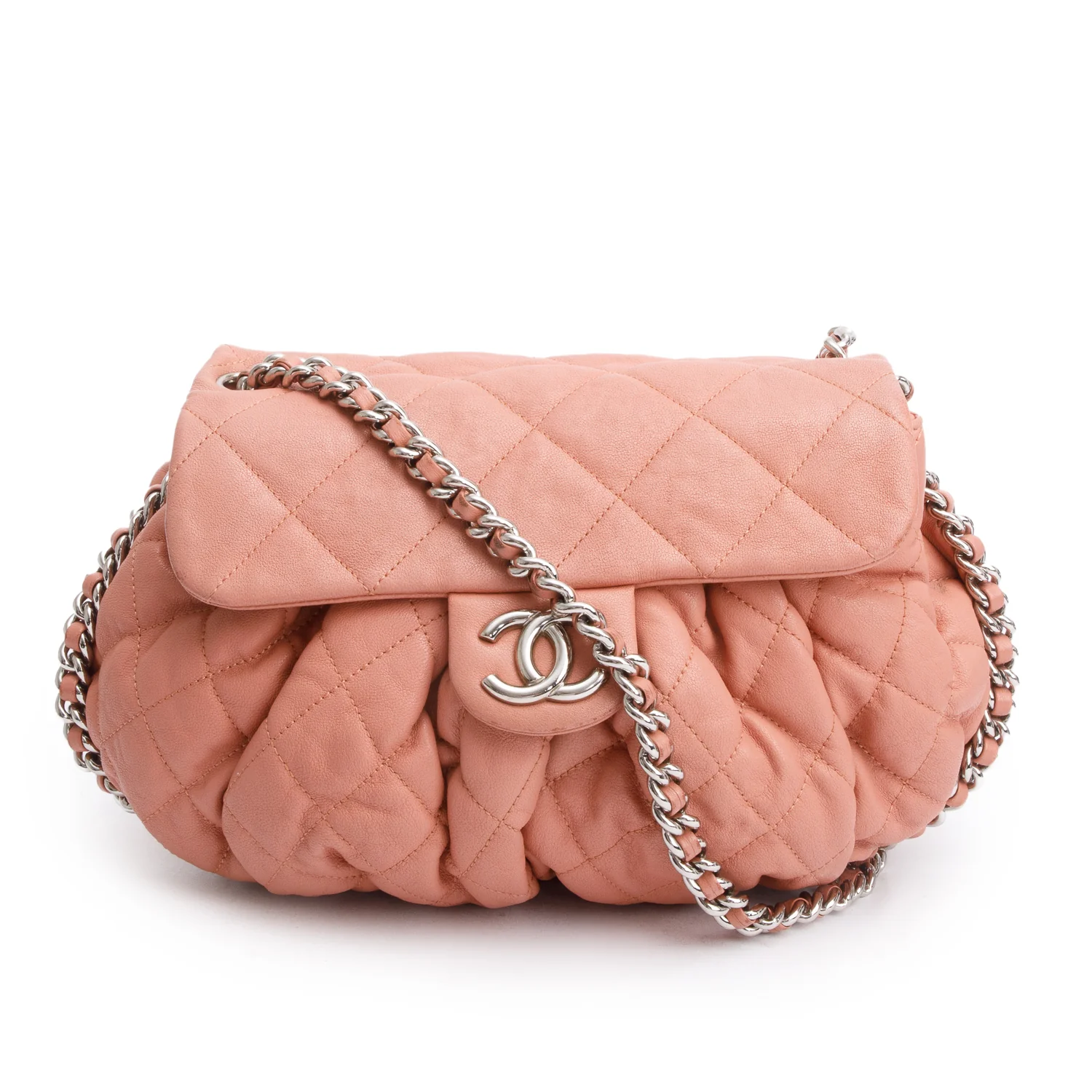 Chanel Pink Quilted Calfskin Leather Medium Chain Around Flap Bag w/ Authenticity Card