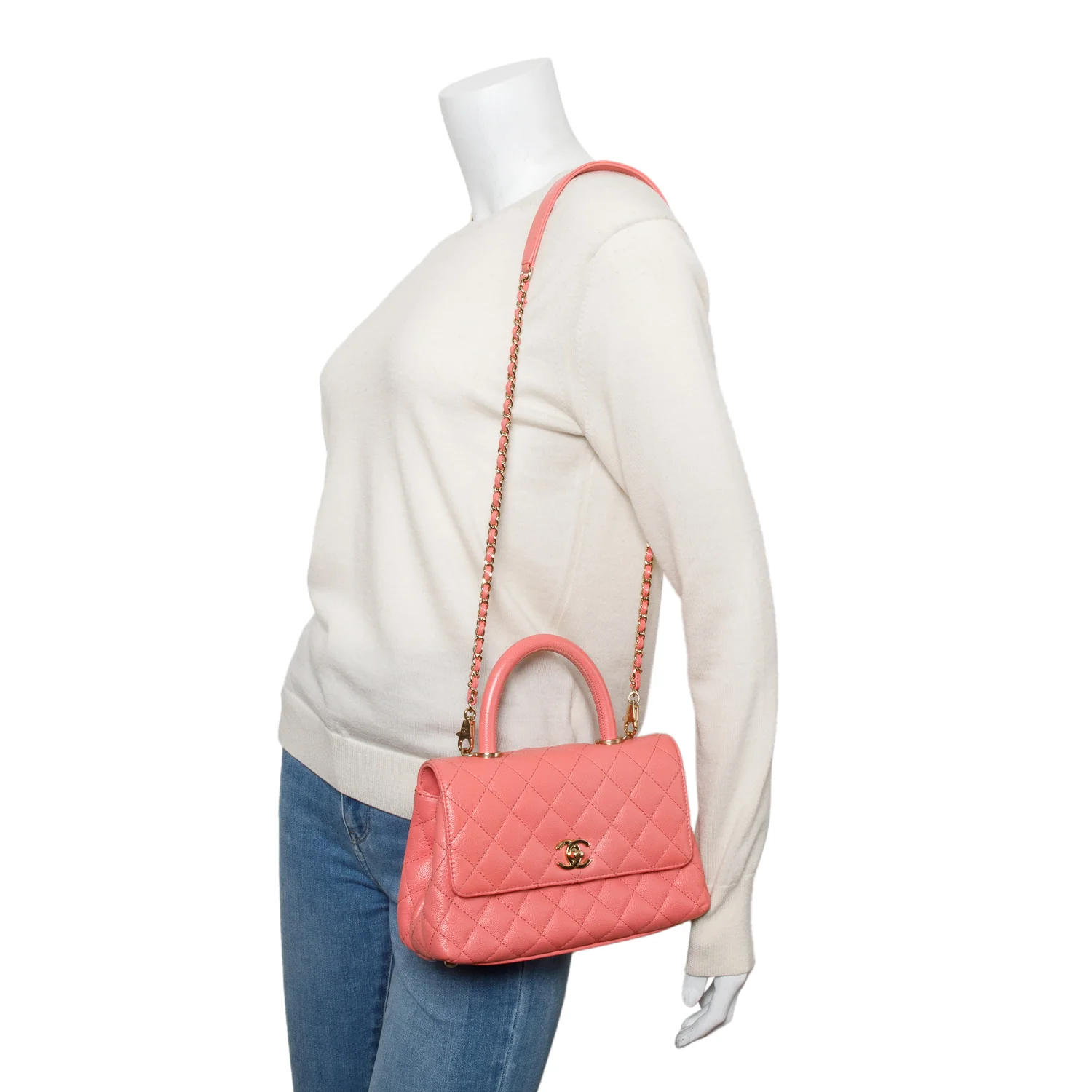 Chanel Pink Quilted Caviar Leather Small Coco Handle Bag w/ Strap - Image 2