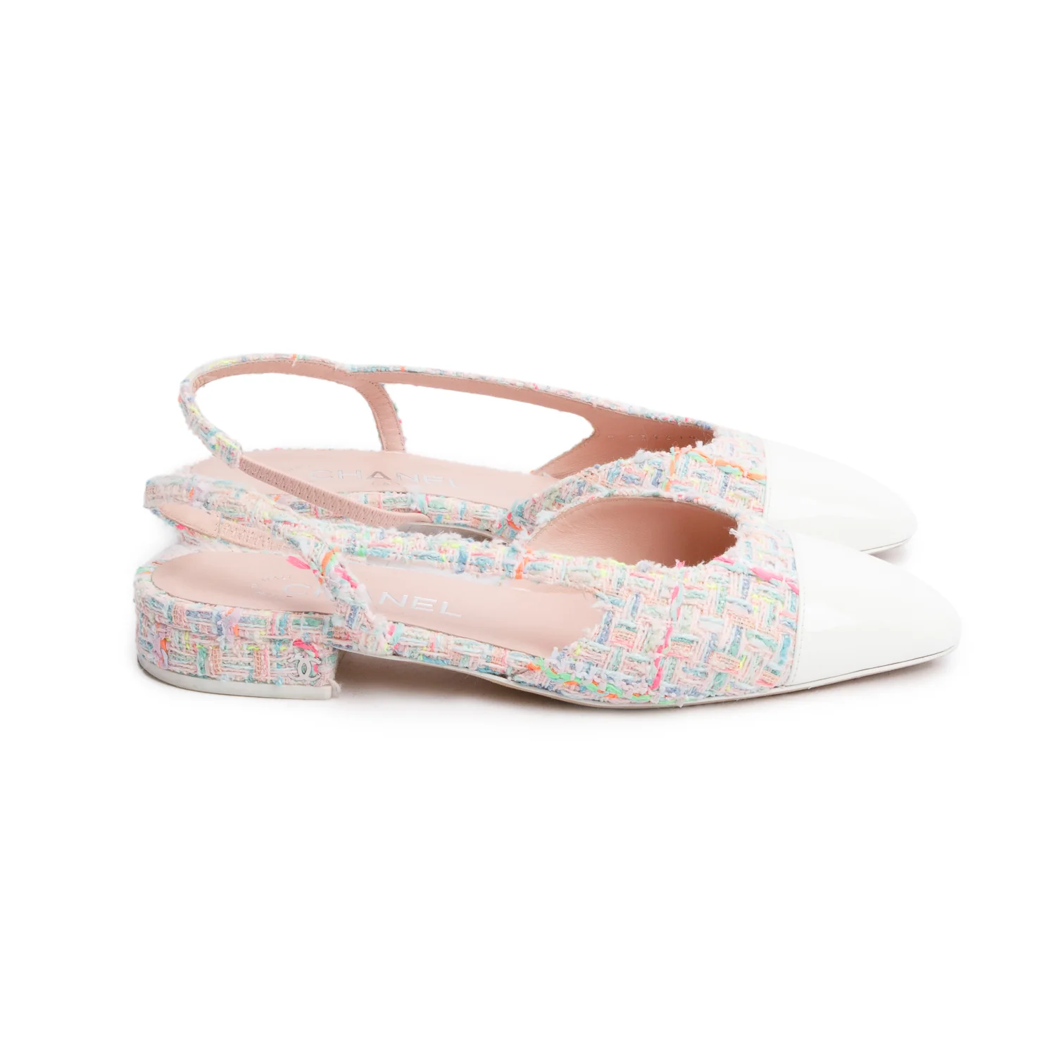 Chanel Pink Tweed White Patent Leather Cap Toe CC Slingback Flats, Size 37 w/ Box - Image 3