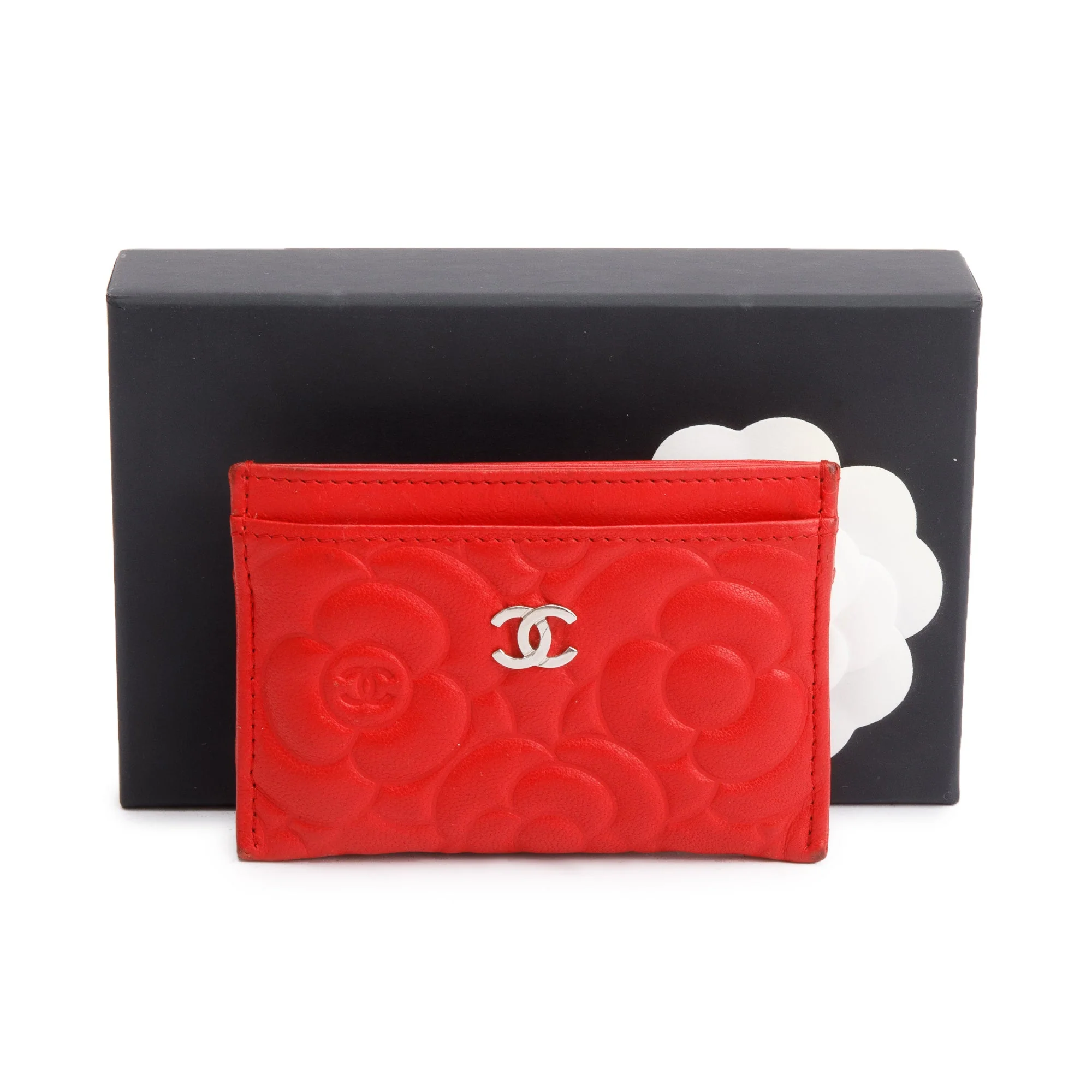 Chanel Red Camellia Embossed Lambskin Leather Classic Card Holder w/ Box & Authenticity Card - Image 2